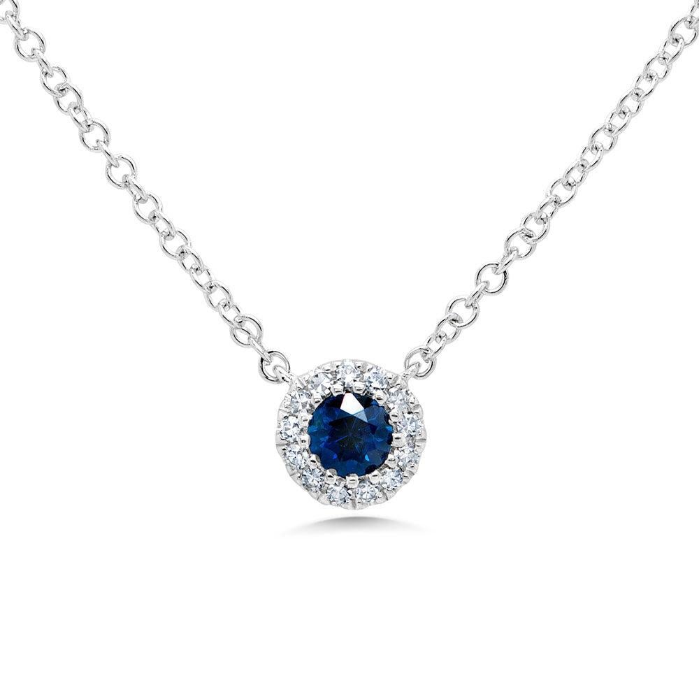 0.18ct Round Brilliant Cut Diamond and Sapphire Pendant in 14k White Gold For Sale