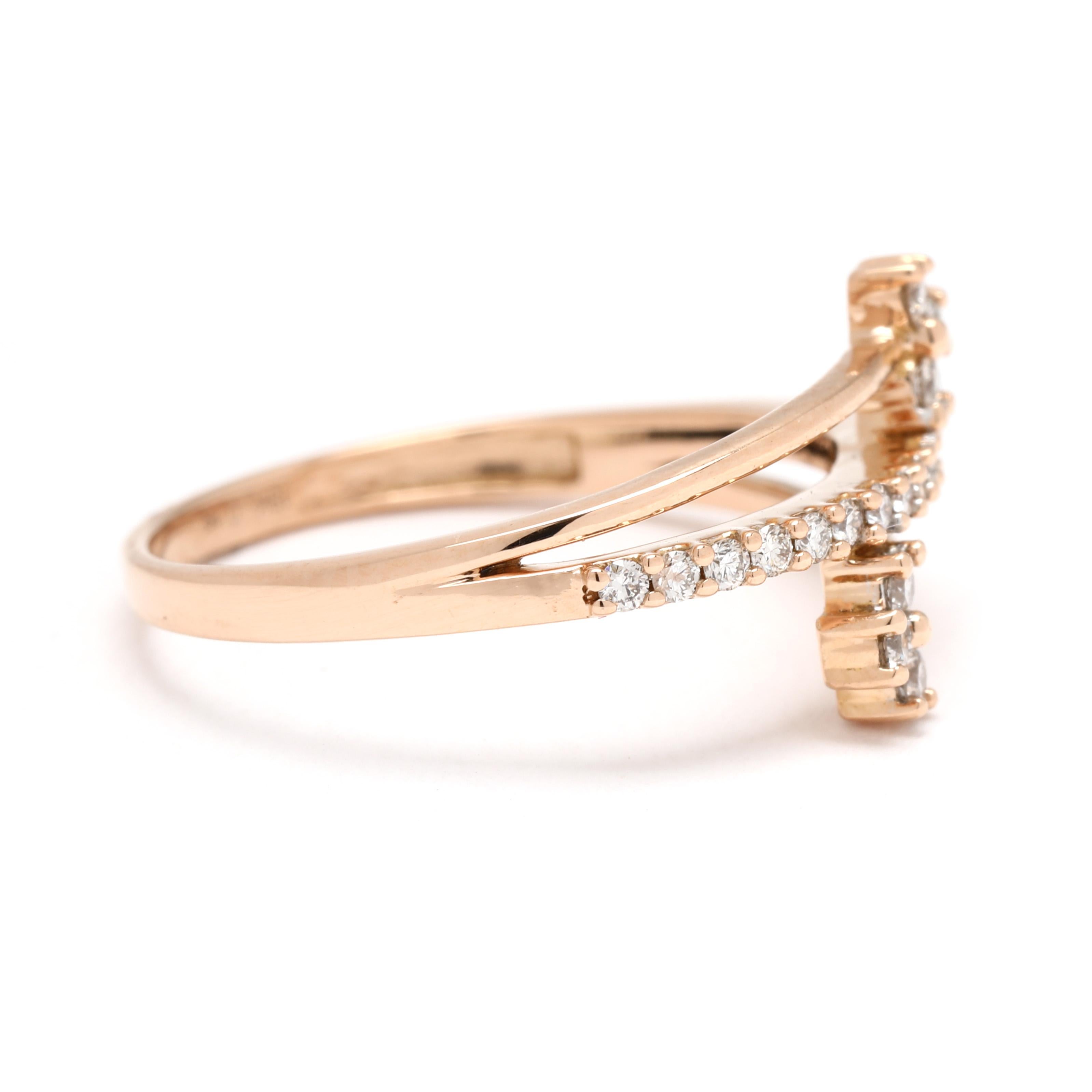 Stones:
diamonds, 23 stones
round brilliant
1.1 - 1.5 mm
approximately .15 total carats
G-H color, VS2-SI1 clarity

Ring Size 5.75

Rise Off Of Finger: 2.5 mm

Width: 9.8 mm

Weight: 1.4 dwts. / 2.1 grams

Stamps: 