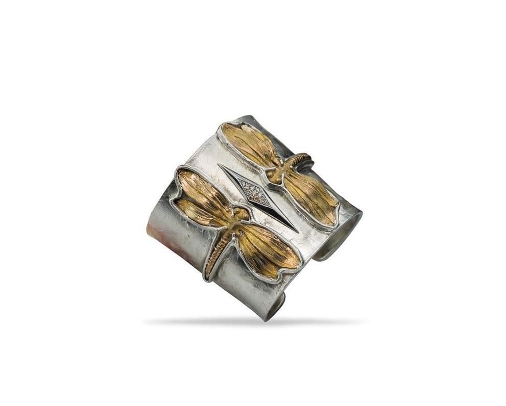 Artisan 0.18 Karat Diamonds 24 Karat Gold Plated Modern Silver Dragonfly Cuff Bracelet For Sale