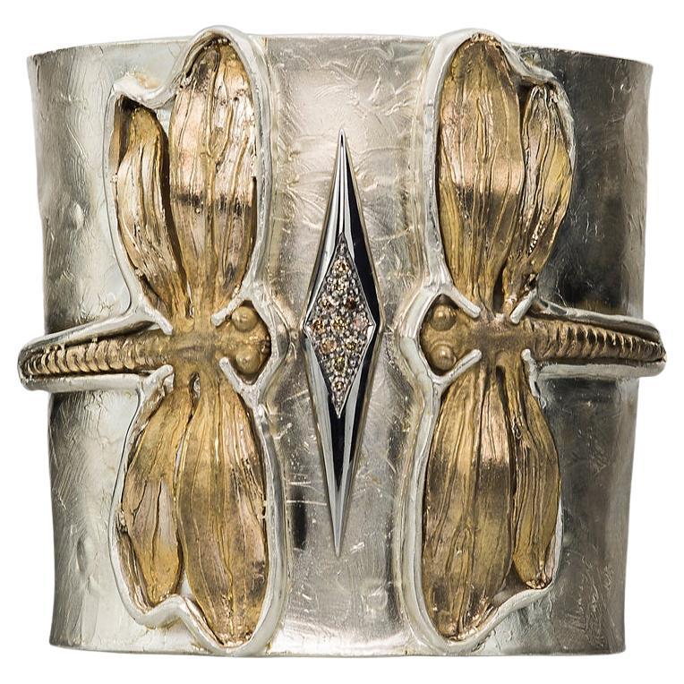 0.18 Karat Diamonds 24 Karat Gold Plated Modern Silver Dragonfly Cuff Bracelet For Sale