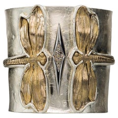 Vintage 0.18 Karat Diamonds 24 Karat Gold Plated Modern Silver Dragonfly Cuff Bracelet