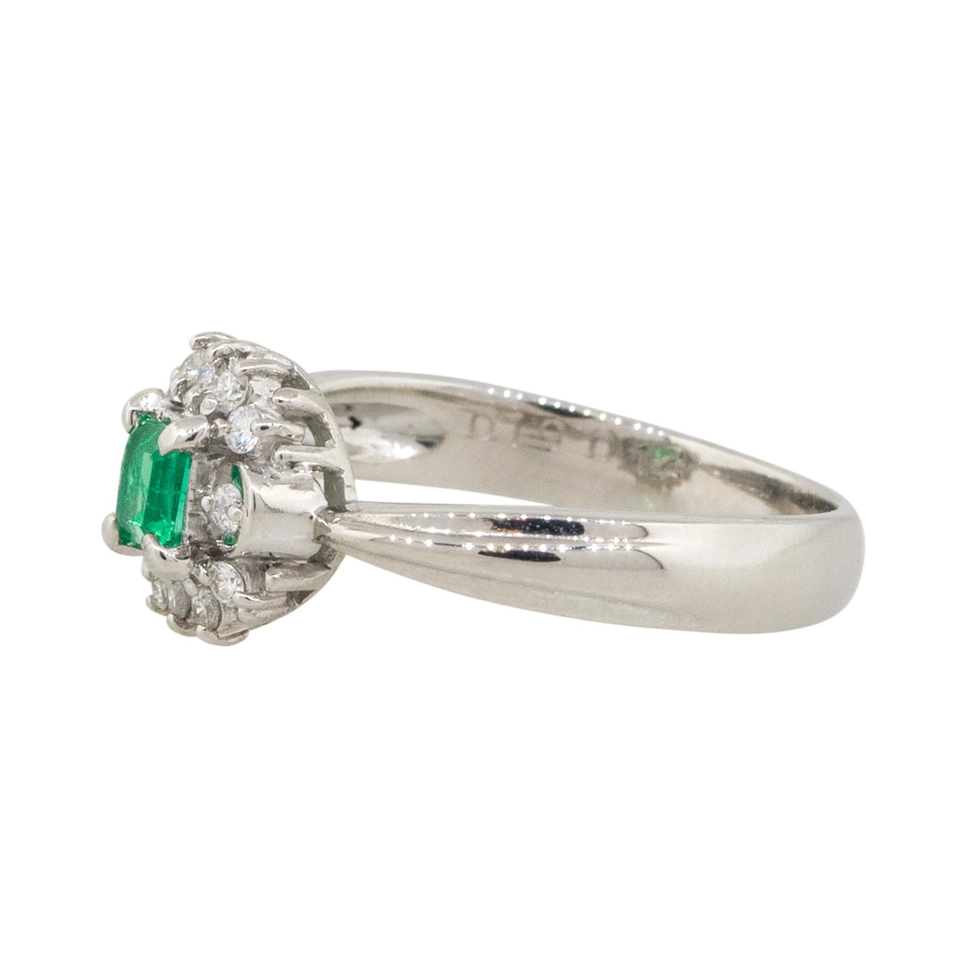 Material: Platinum
Gemstone details: Approx. 0.19ctw Emerald center stone
Diamond details: Approx. 0.12tw of round cut Diamonds. Diamonds are G/H in color and VS in clarity
Ring Size: 5.75
Ring Measurements: 0.75