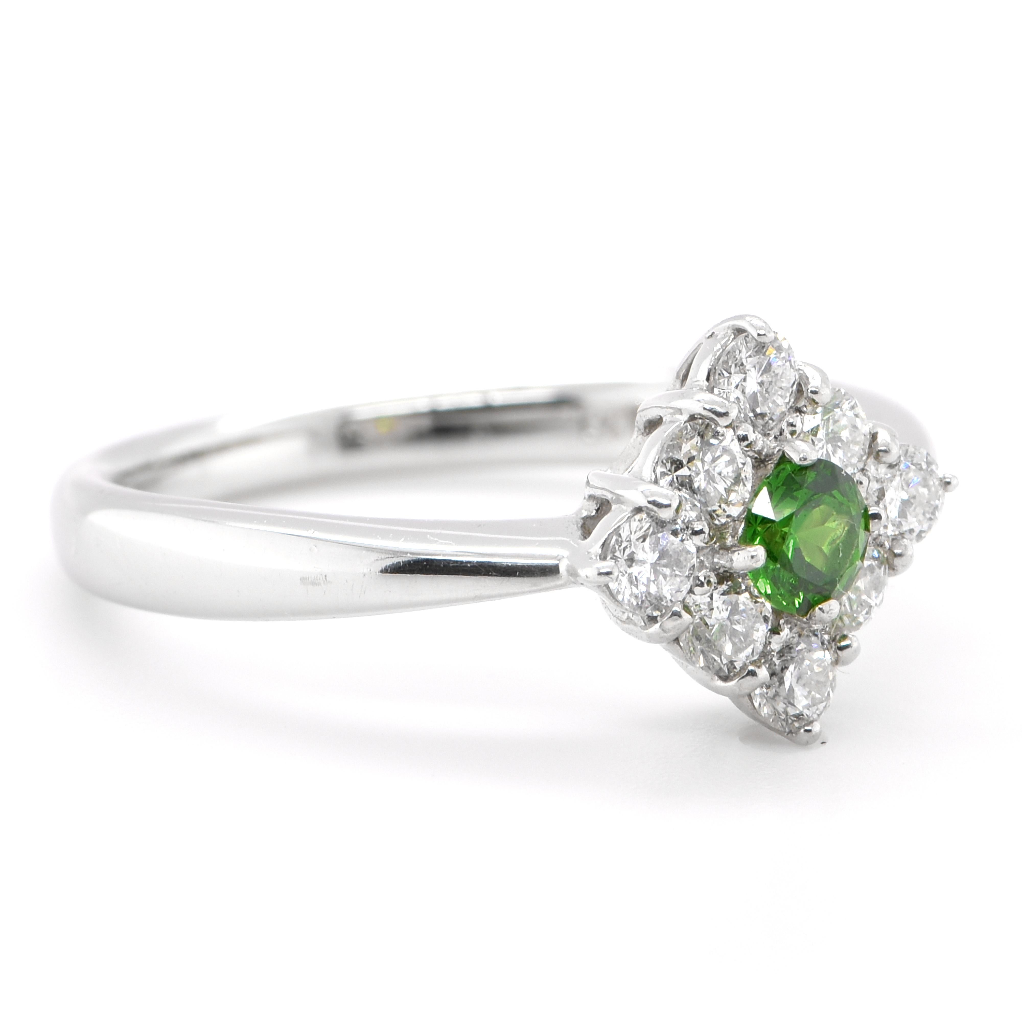 Modern 0.19 Carat, Natural Demantoid Garnet and Diamond Cluster Ring Set in Platinum