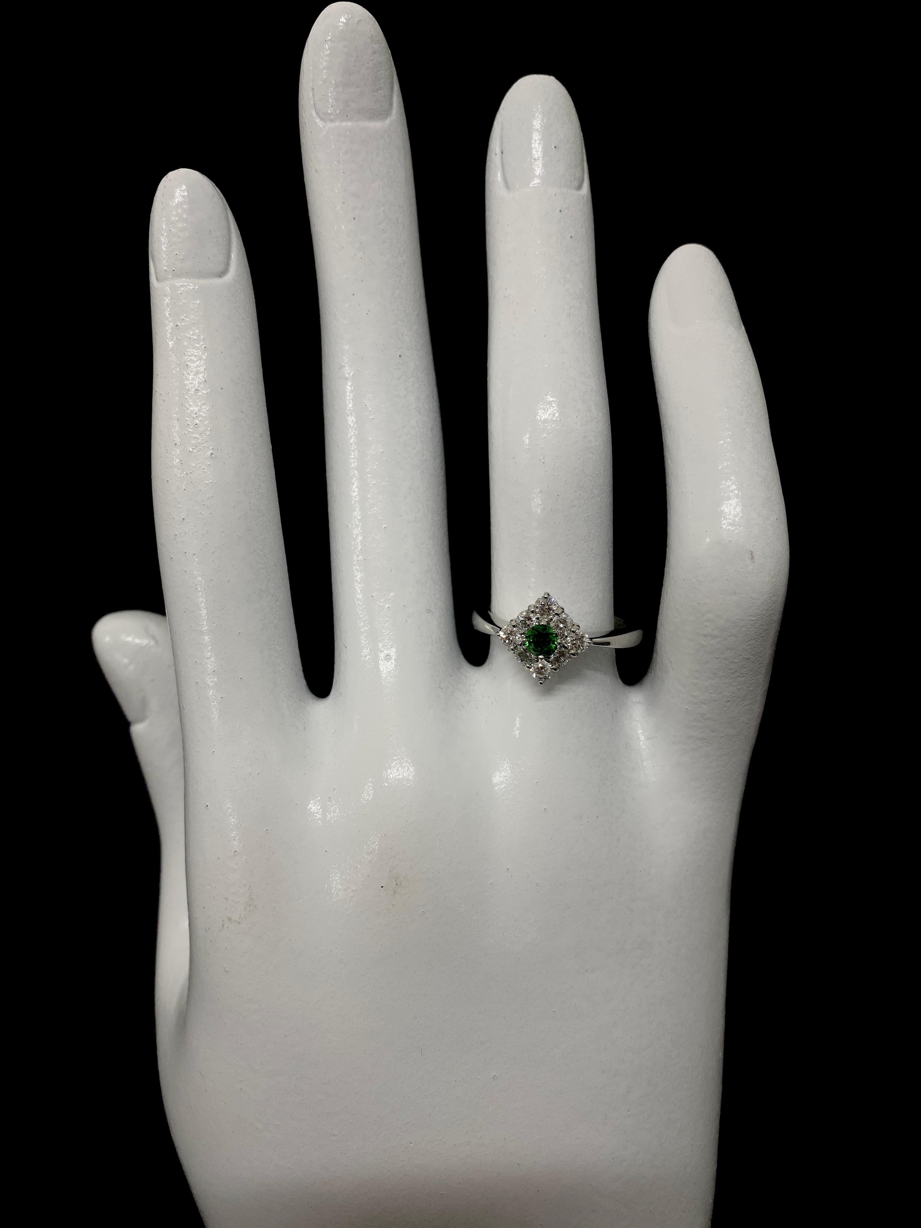 0.19 Carat, Natural Demantoid Garnet and Diamond Cluster Ring Set in Platinum 1