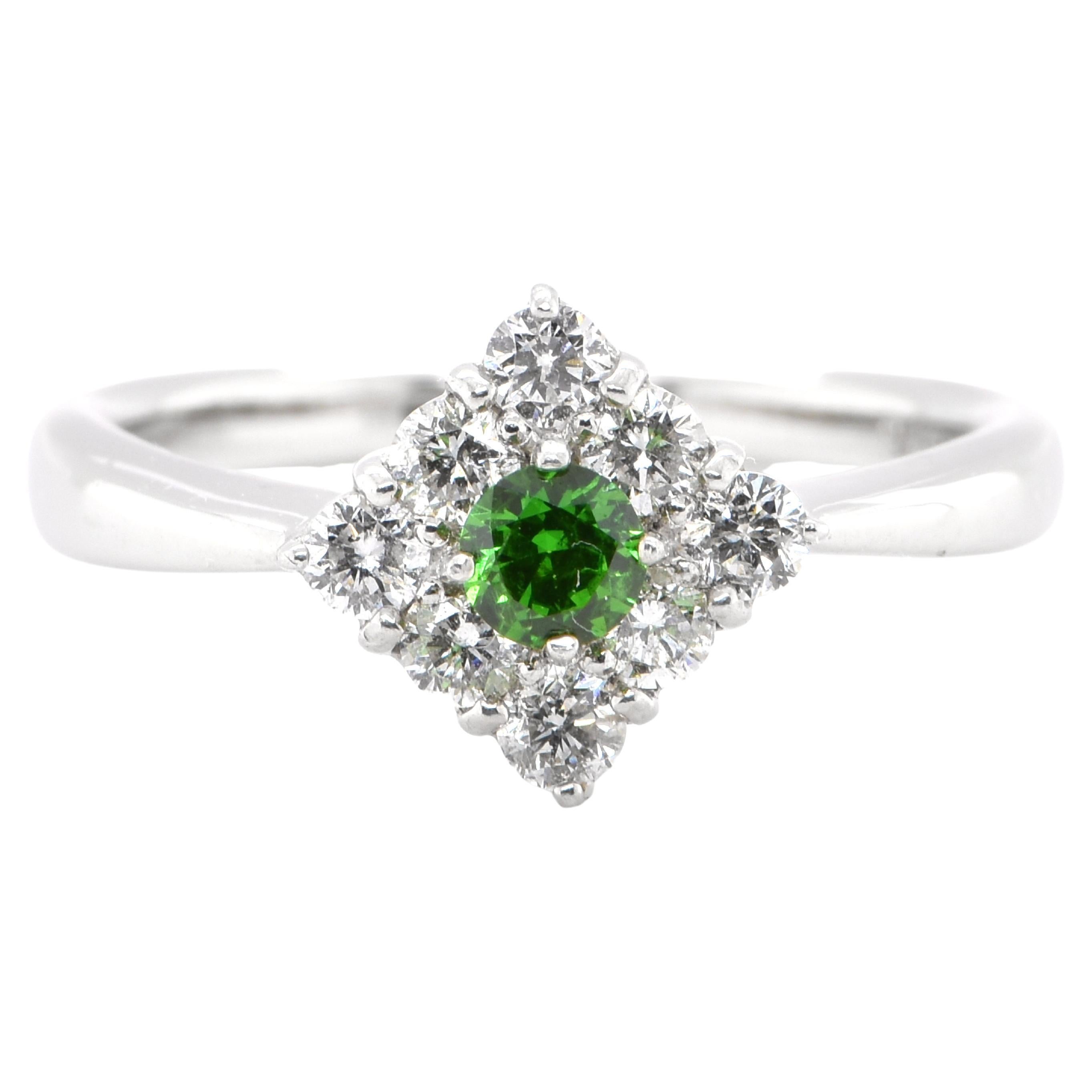 0.19 Carat, Natural Demantoid Garnet and Diamond Cluster Ring Set in Platinum