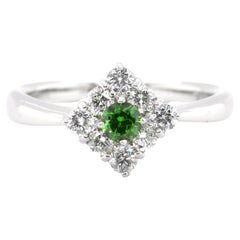 0.19 Carat, Natural Demantoid Garnet and Diamond Cluster Ring Set in Platinum