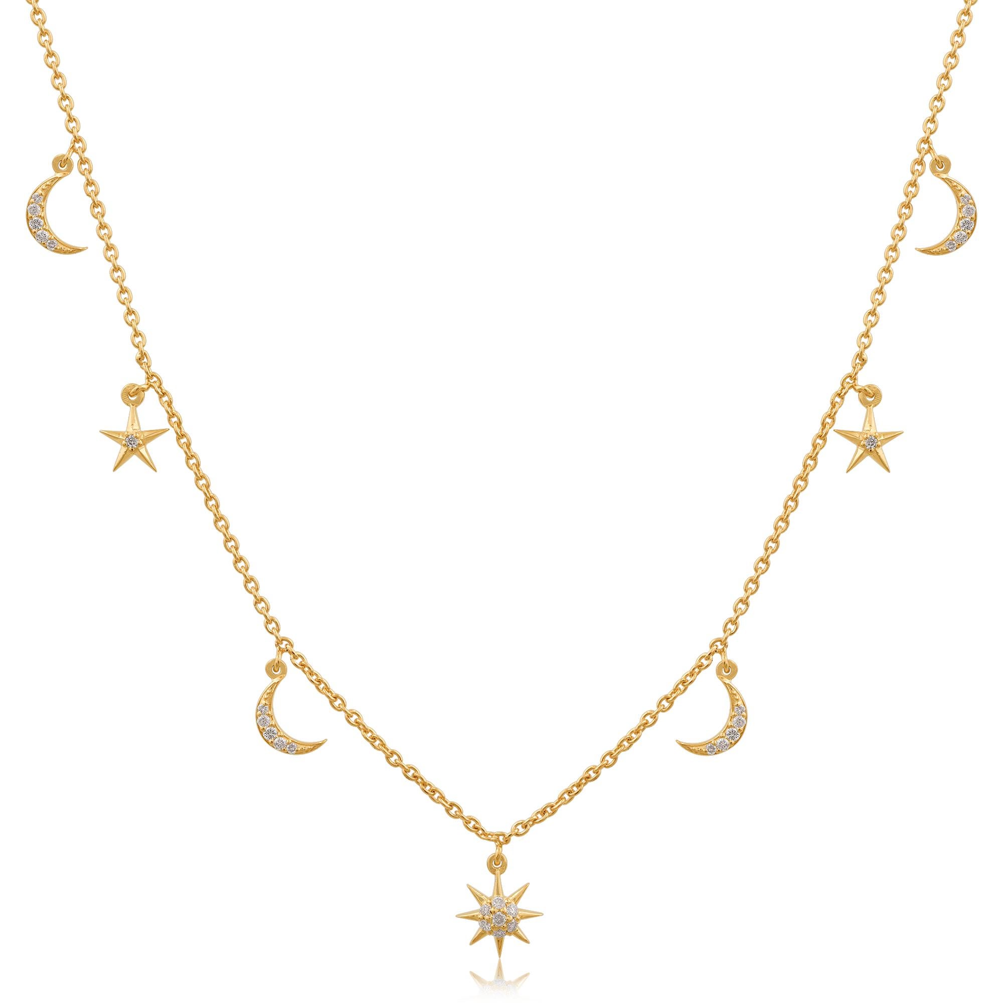 Add a touch of celestial beauty to your jewelry collection with this stunning 0.19 Carat SI/HI Diamond Moon & Starburst Charm Necklace. Crafted from 14 karat yellow gold, this enchanting piece is designed to capture the essence of the night sky.
The