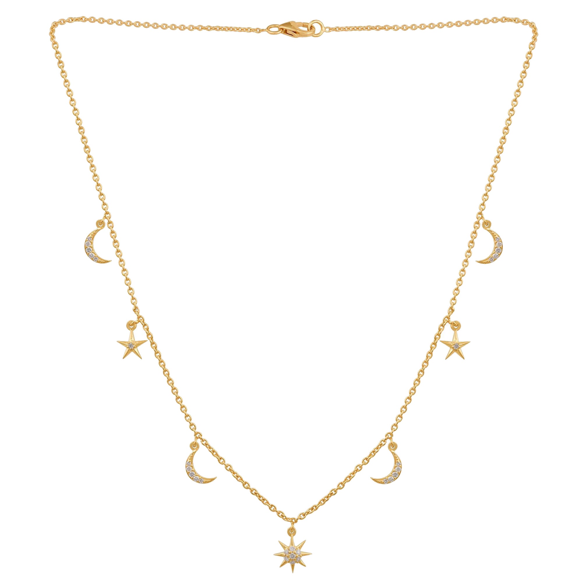 SI Clarity HI Color Diamond Moon Starburst Charm Necklace 14 Karat Yellow Gold