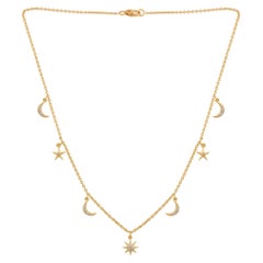 SI Clarity HI Color Diamond Moon Starburst Charm Necklace 14 Karat Yellow Gold