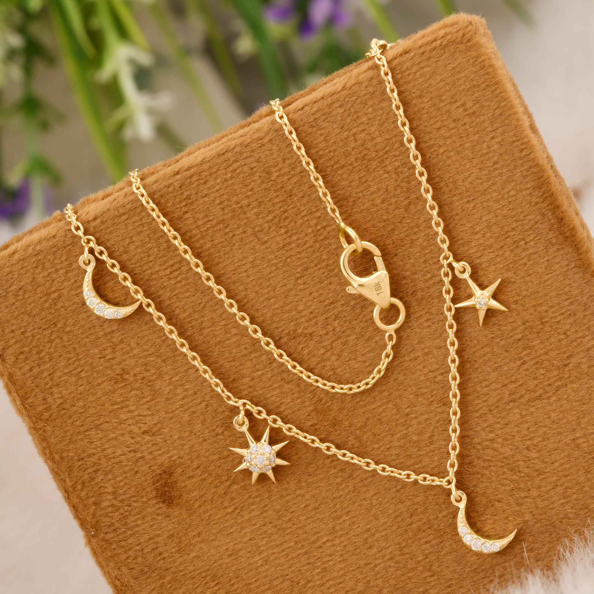 Modern 0.19 Carat SI/HI Diamond Moon & Starburst Charm Necklace 18 Karat Yellow Gold For Sale