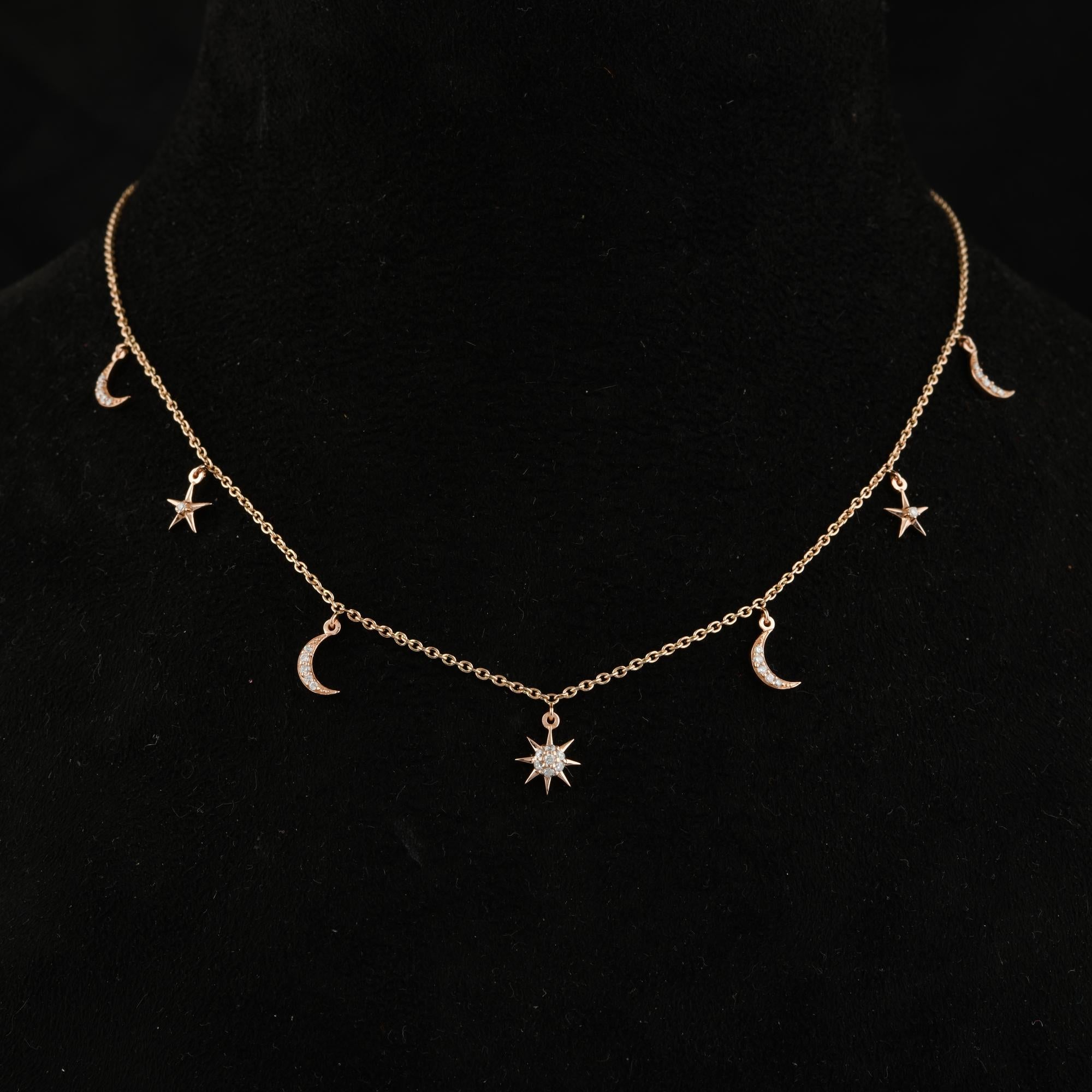 0.19 Carat SI/HI Diamond Moon & Starburst Charm Necklace 18 Karat Yellow Gold For Sale 1
