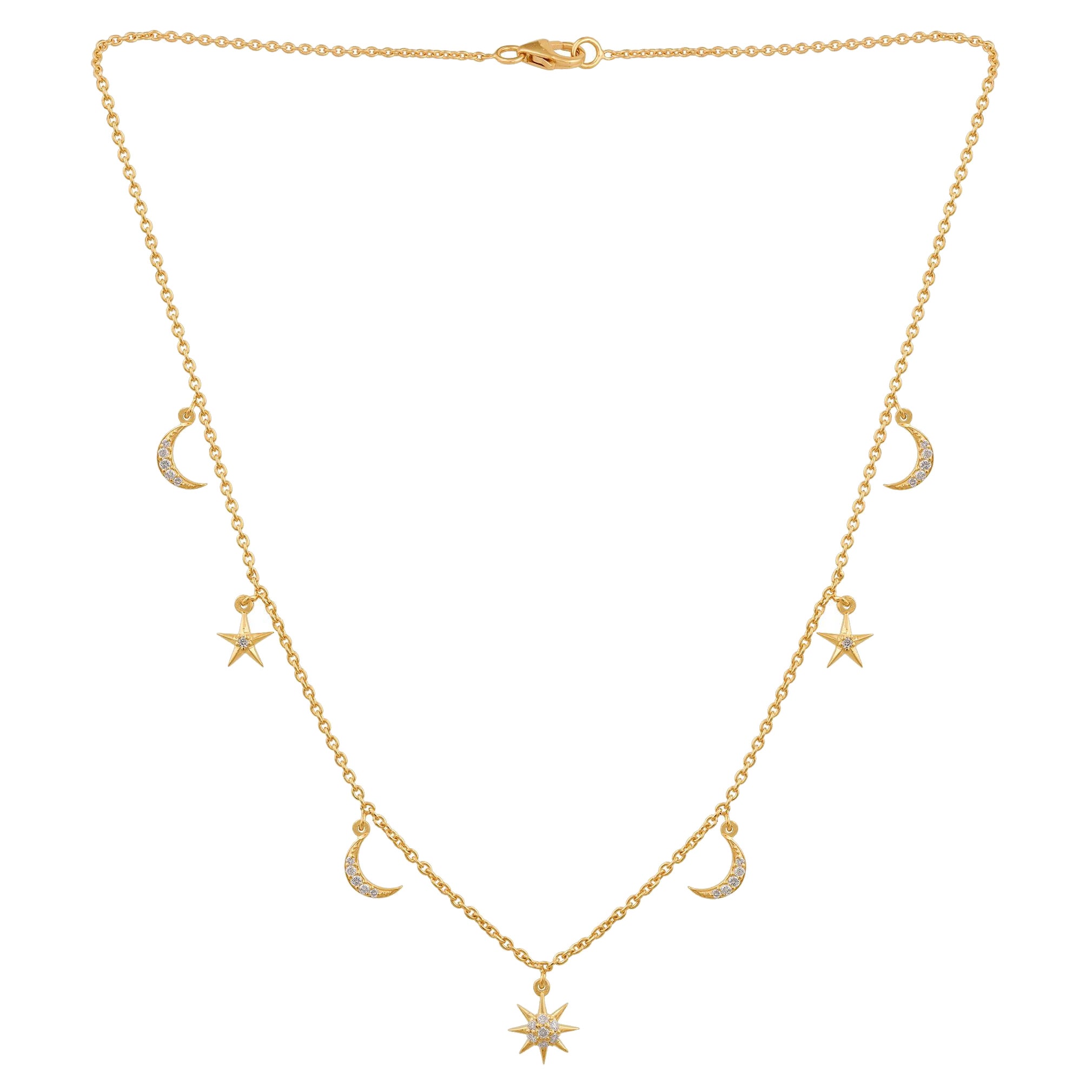 0.19 Carat SI/HI Diamond Moon & Starburst Charm Necklace 18 Karat Yellow Gold