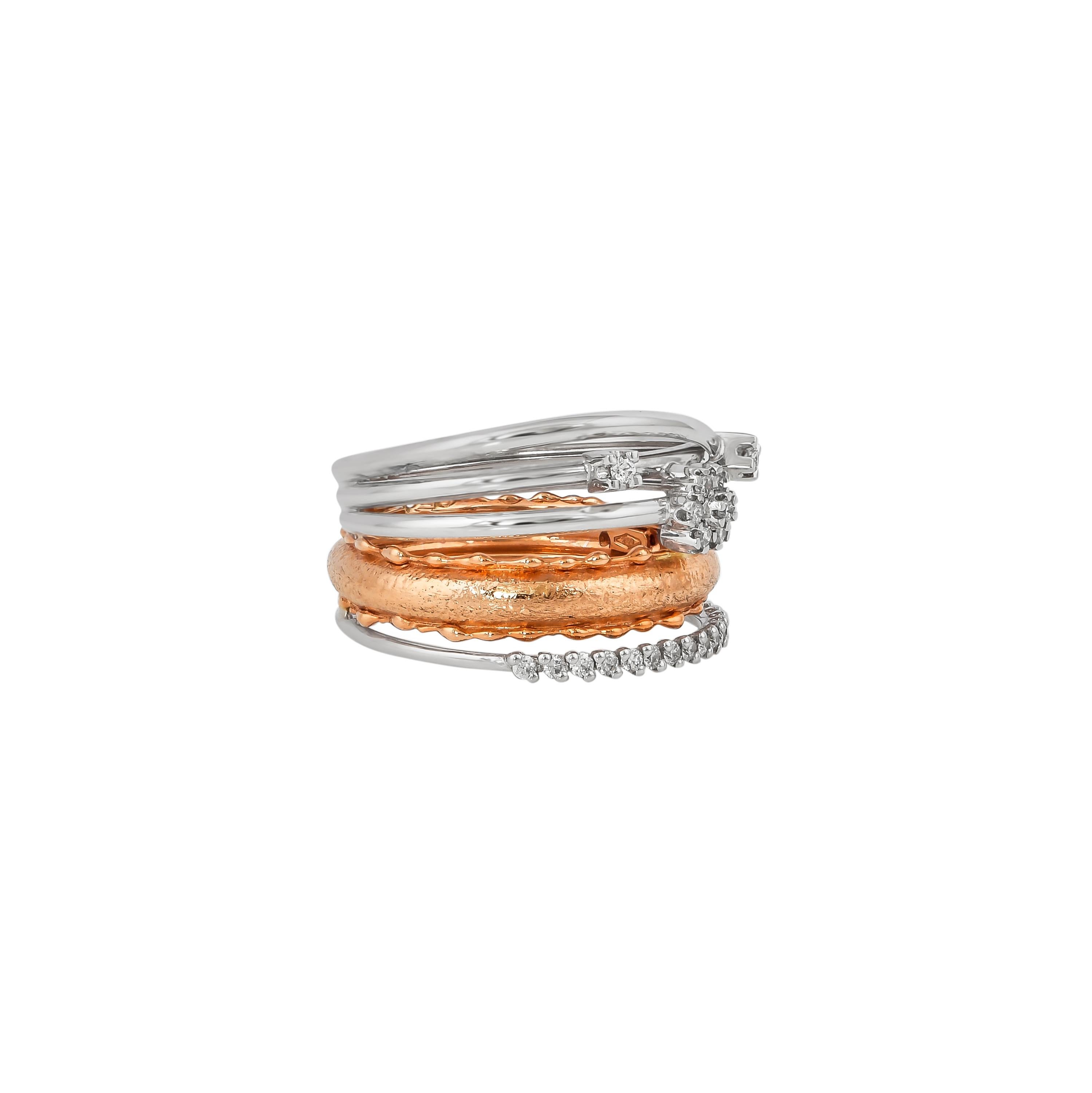 Unique and Designer Cocktail Rings by Sunita Nahata Fine Design.

Classic Diamond ring in 18K White & Rose gold. 

Diamond: 0.022 carat, 1.45mm size, round shape, G colour, VS clarity.
Diamond: 0.176 carat, 1.25mm size, round shape, G colour, VS