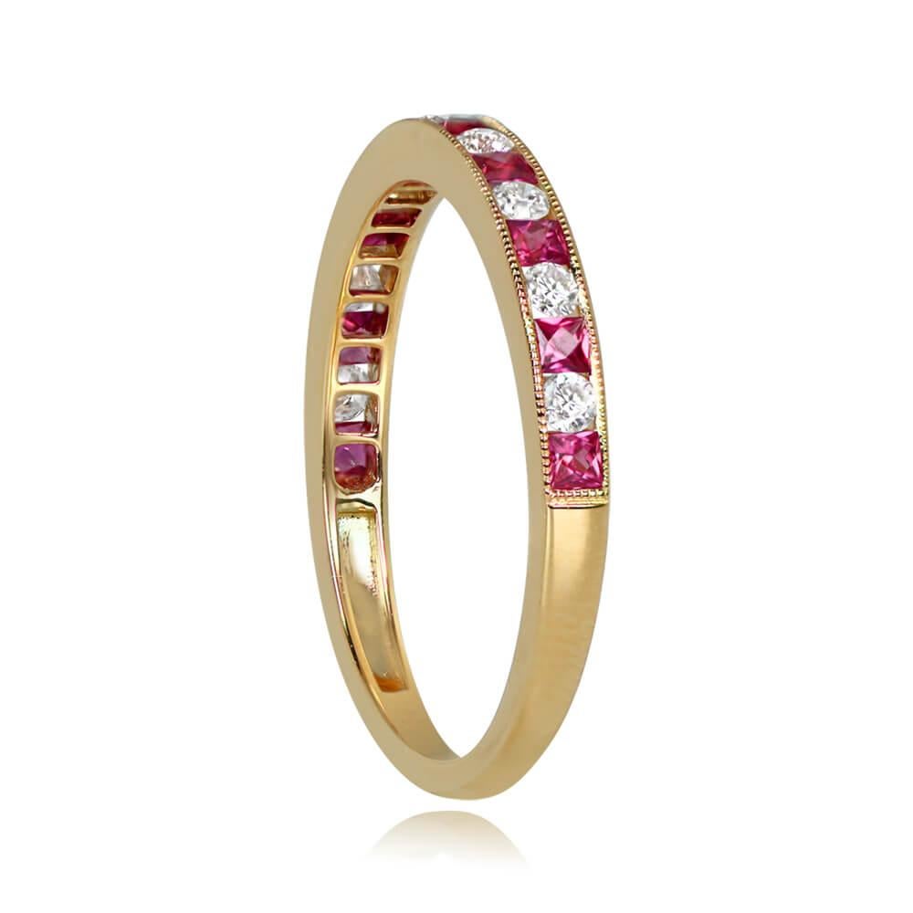 Art Deco 0.19ct Diamond & 0.30ct Ruby Band Ring, 18k Yellow Gold For Sale