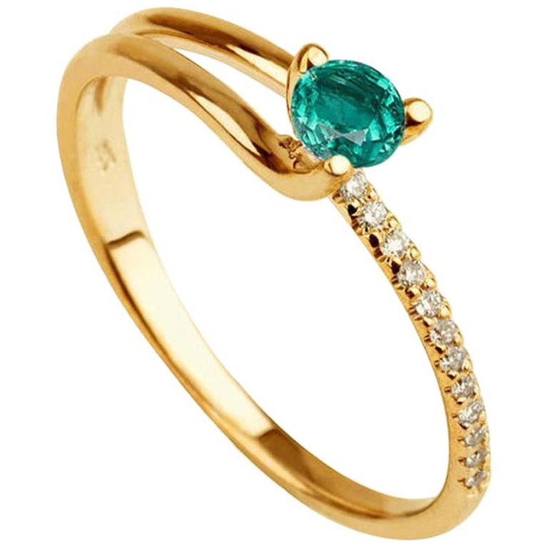 0.2 Carat 14 Karat Yellow Gold Round Emerald Delicate Engagement Ring ...