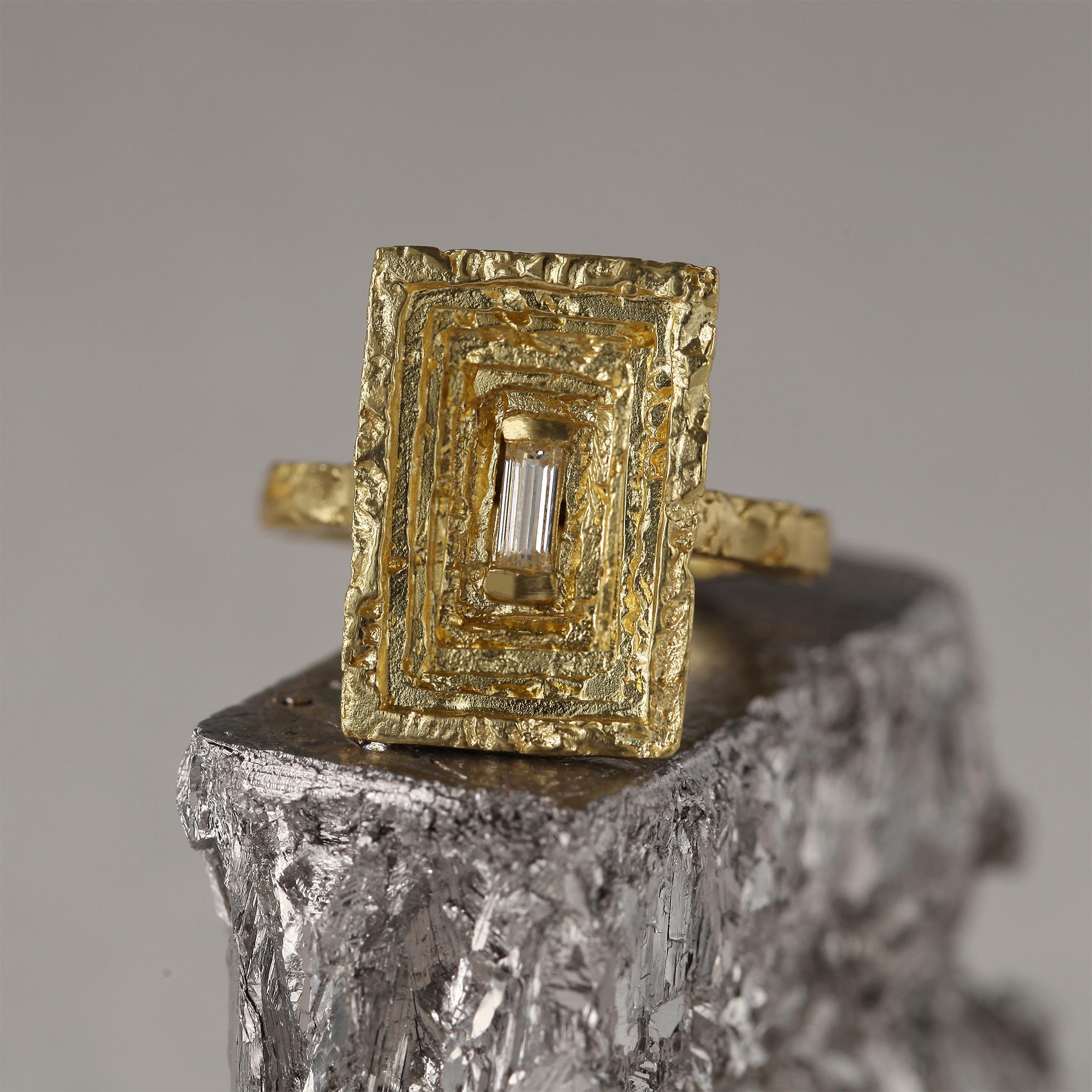 Baguette Cut 0.2 Carat Baguette Diamond Gold Sculptural Statement Ring For Sale