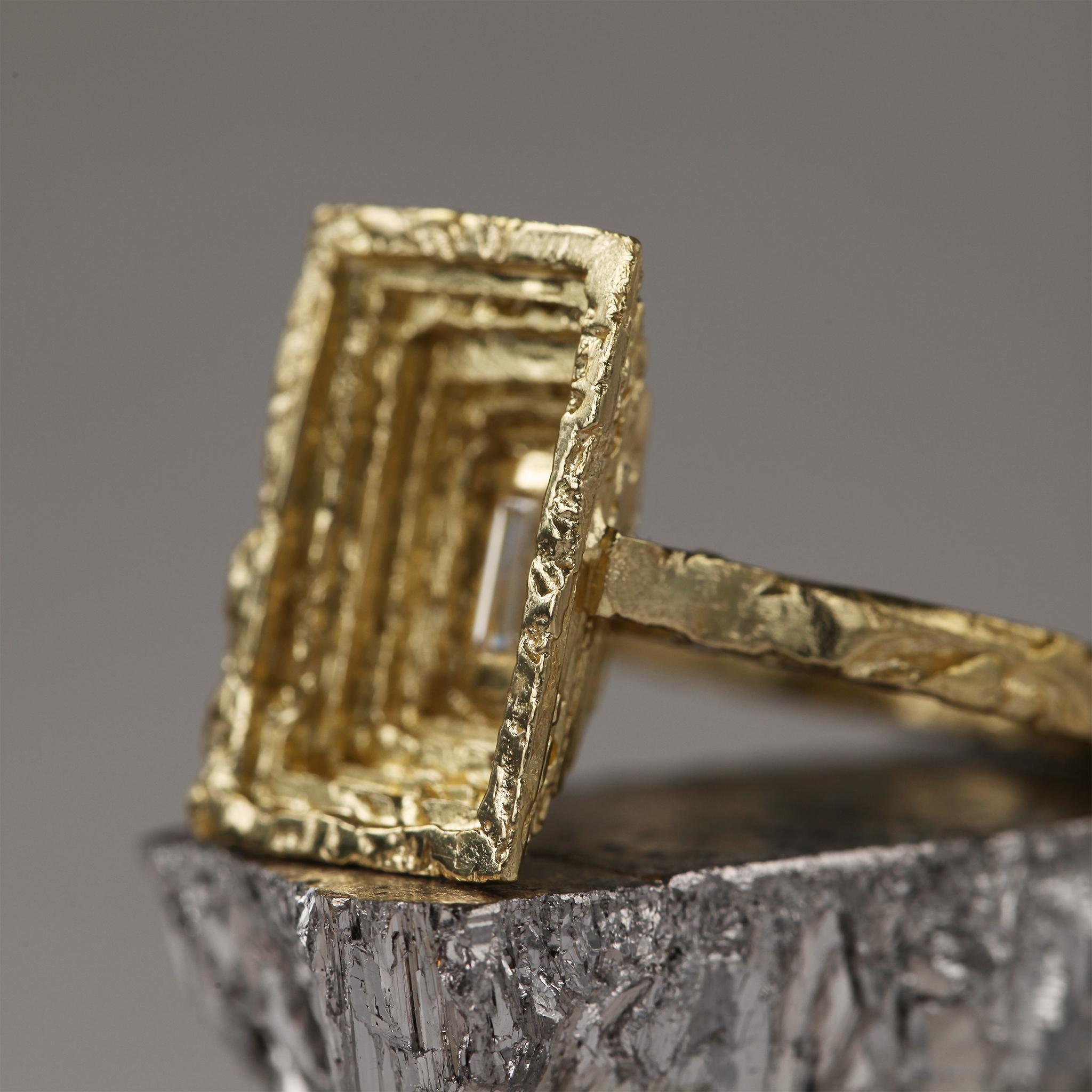 0.2 Carat Baguette Diamond Gold Sculptural Statement Ring For Sale 1
