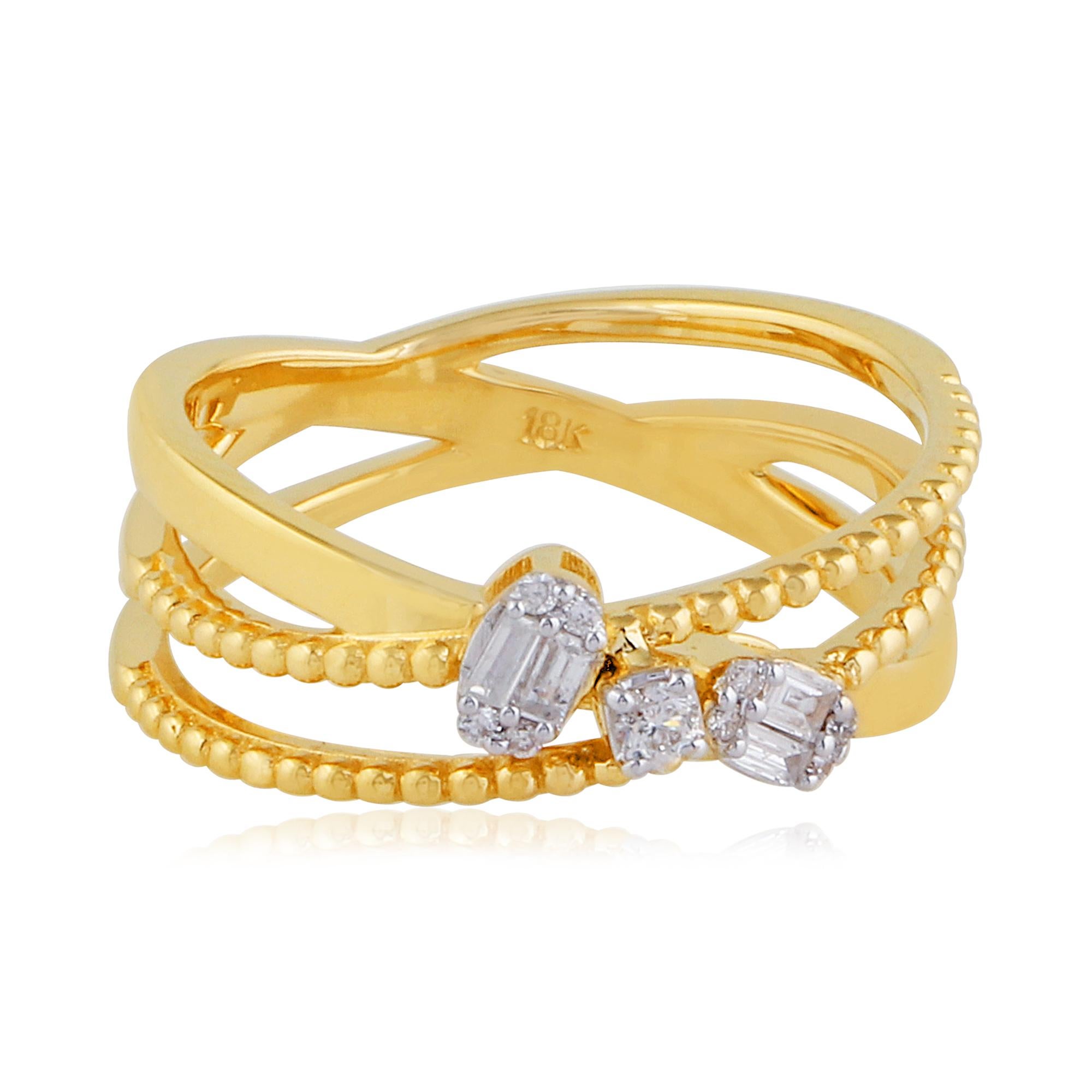 Modern 0.20 Carat Baguette Diamond Criss Cross Ring 18 Karat Yellow Gold Fine Jewelry For Sale