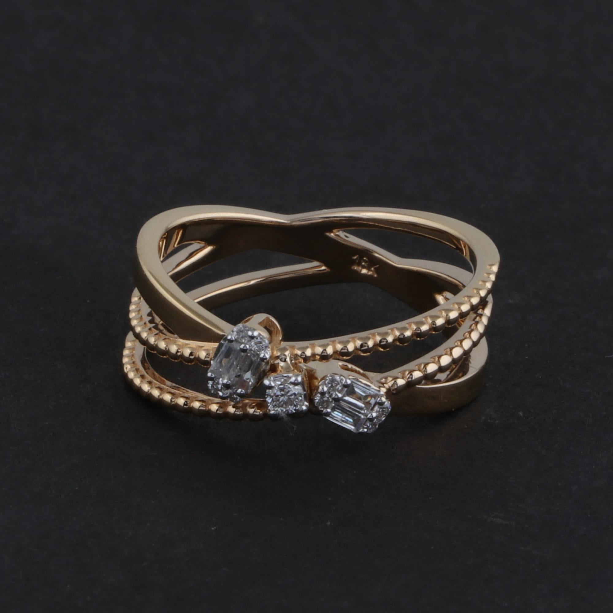 Baguette Cut 0.20 Carat Baguette Diamond Criss Cross Ring 18 Karat Yellow Gold Fine Jewelry For Sale