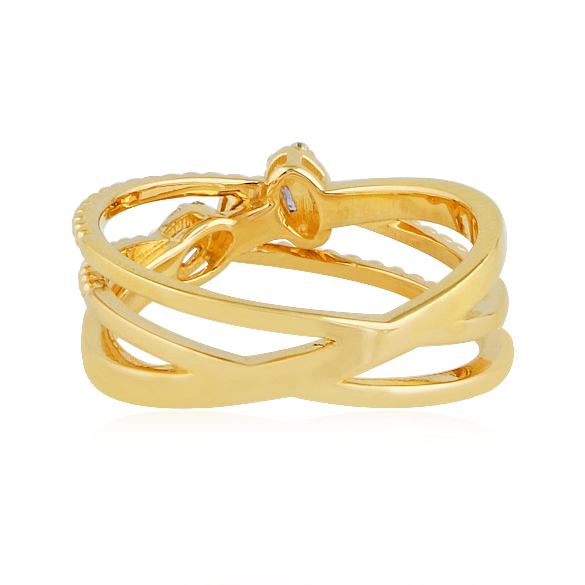 Women's 0.20 Carat Baguette Diamond Criss Cross Ring 18 Karat Yellow Gold Fine Jewelry For Sale
