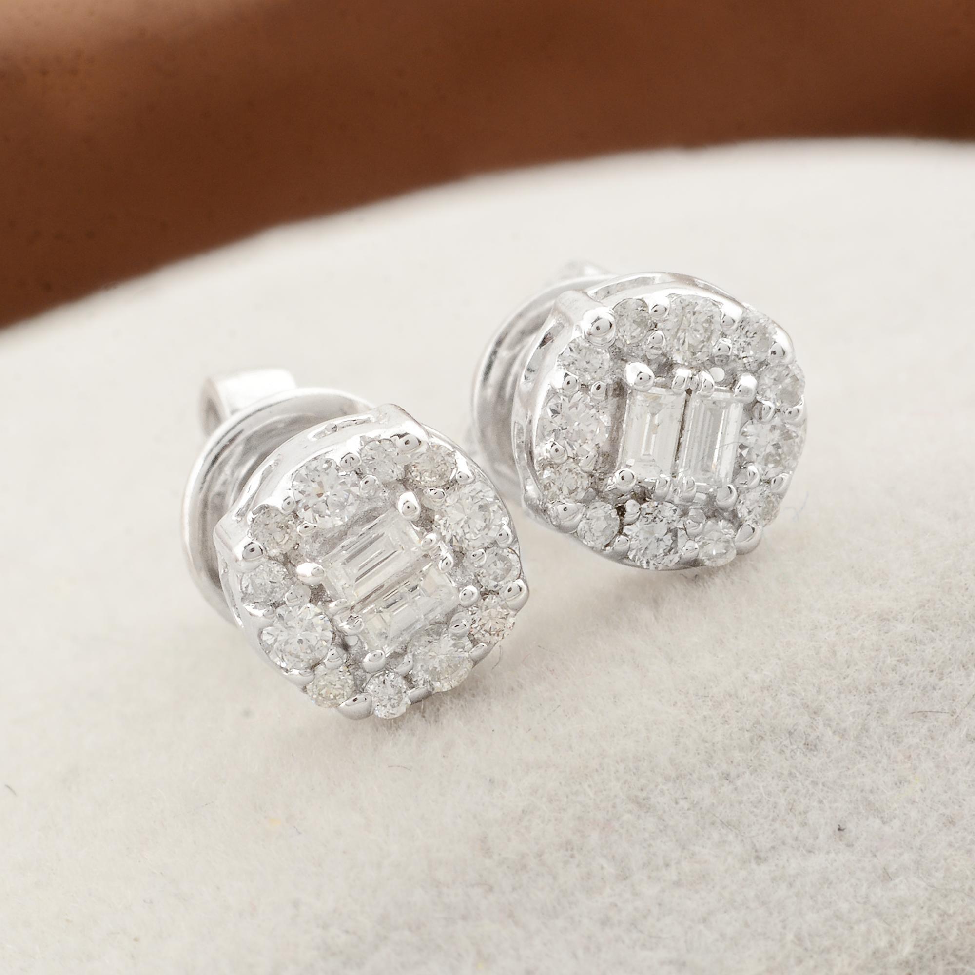 Baguette Cut Real 0.20 Carat Baguette Round Diamond Stud Earrings 10 Karat White Gold Jewelry For Sale