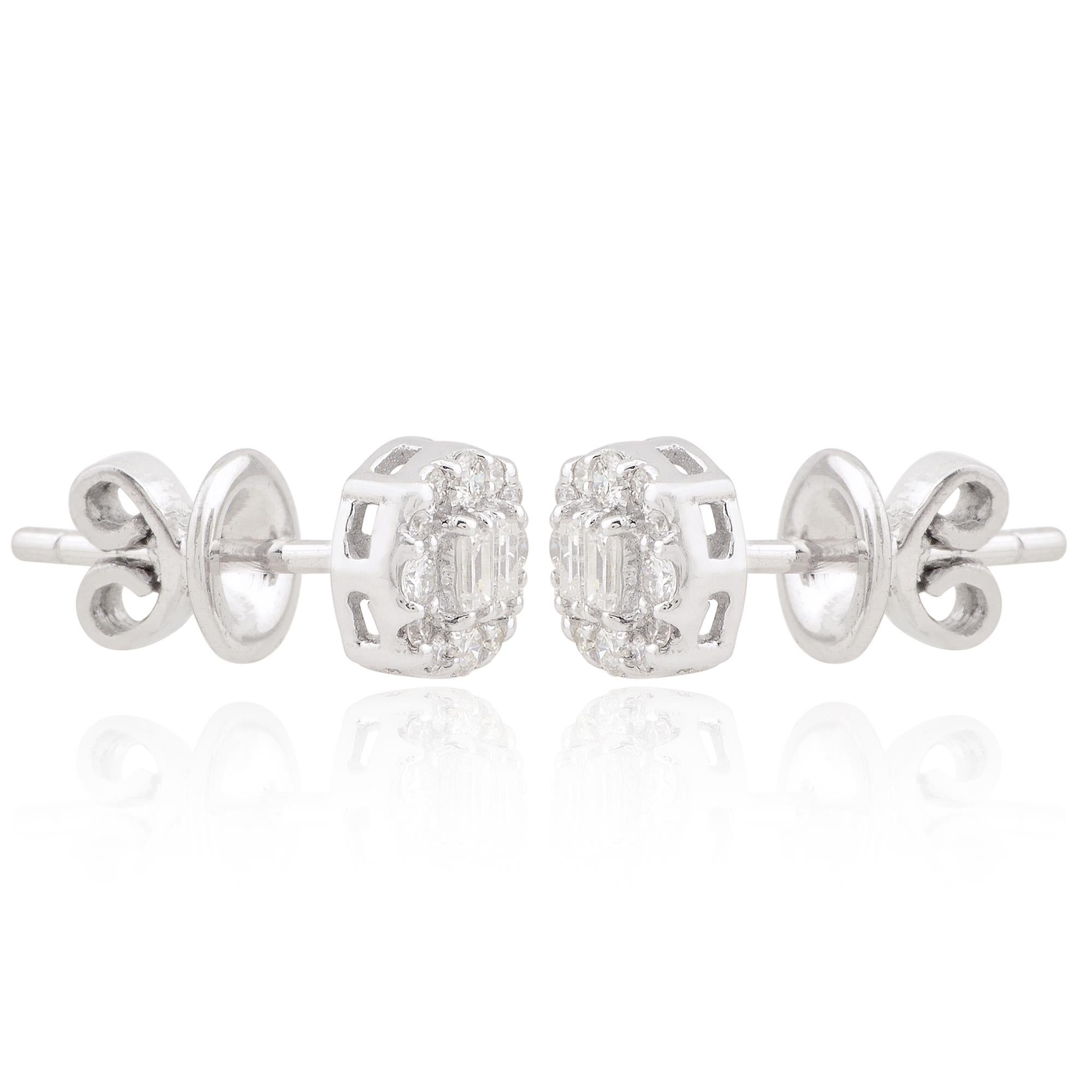 Women's Real 0.20 Carat Baguette Round Diamond Stud Earrings 10 Karat White Gold Jewelry For Sale