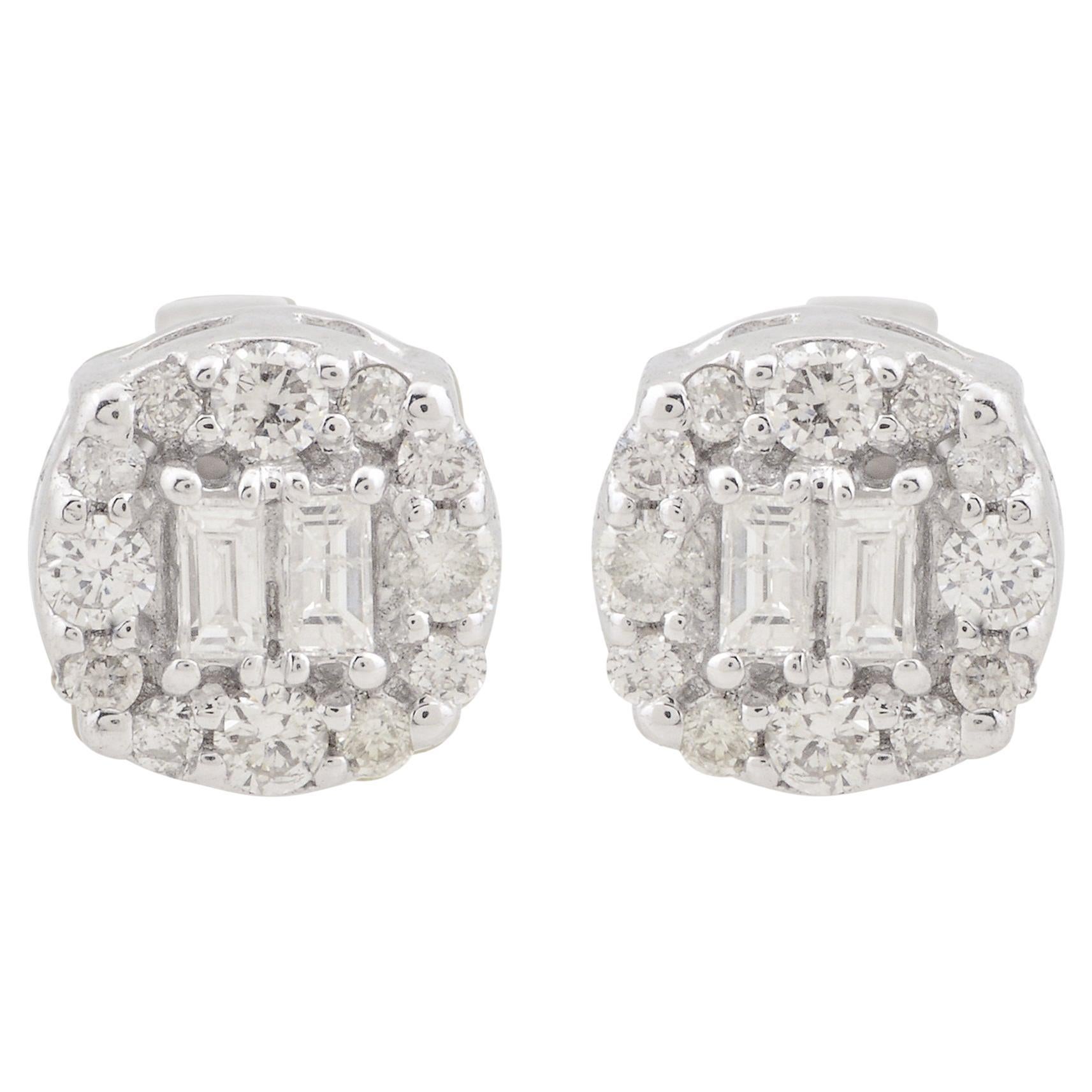 Real 0.20 Carat Baguette Round Diamond Stud Earrings 10 Karat White Gold Jewelry