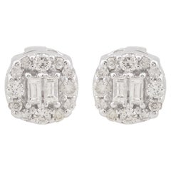 Real 0.20 Carat Baguette Round Diamond Stud Earrings 10 Karat White Gold Jewelry
