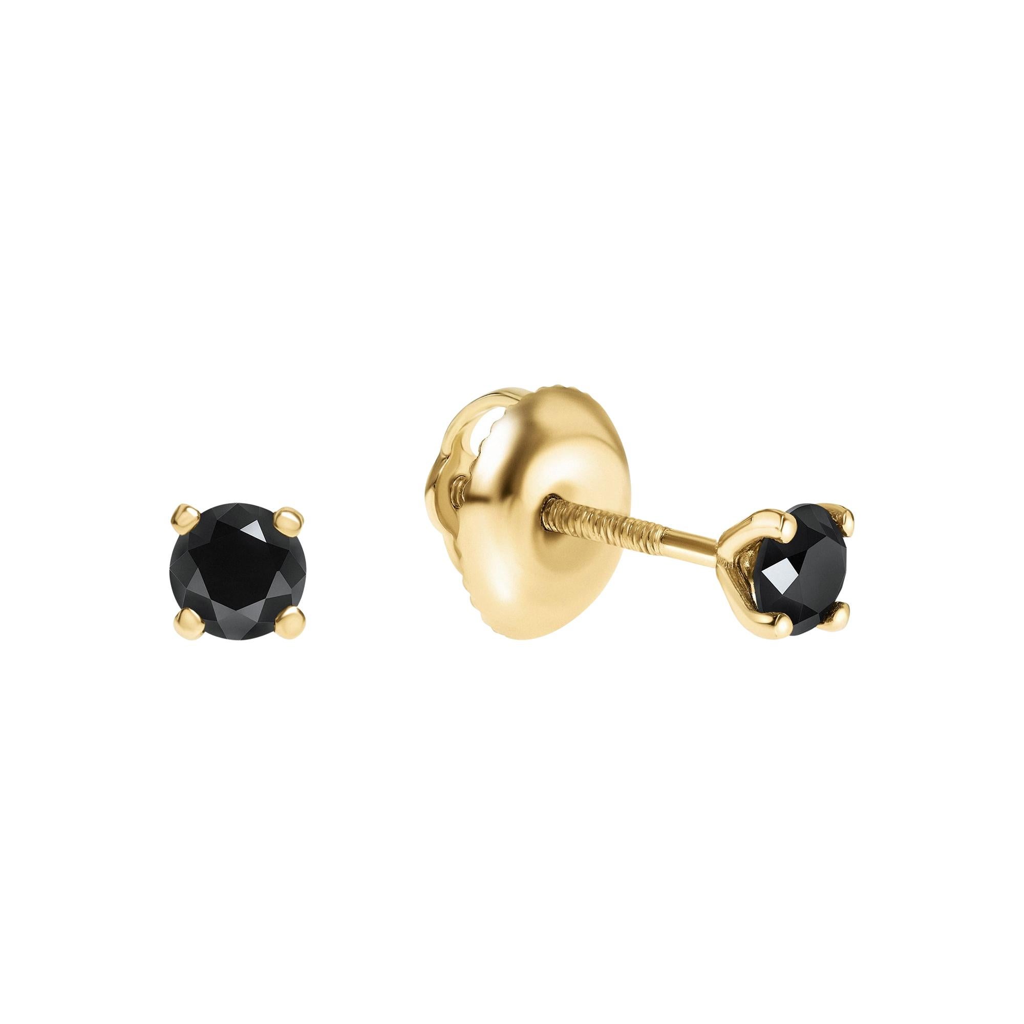 0.20 Carat Black Diamond Stud Earrings in 14 Karat Yellow Gold - Shlomit Rogel For Sale