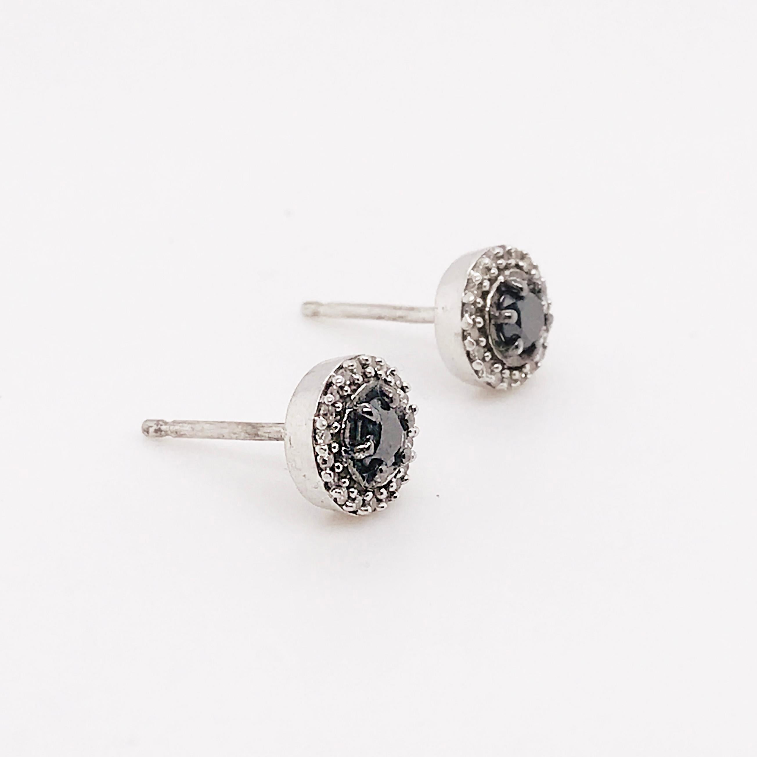 Round Cut .20 Carat Black Diamond and White Diamond Halo Stud Earrings in Sterling Silver