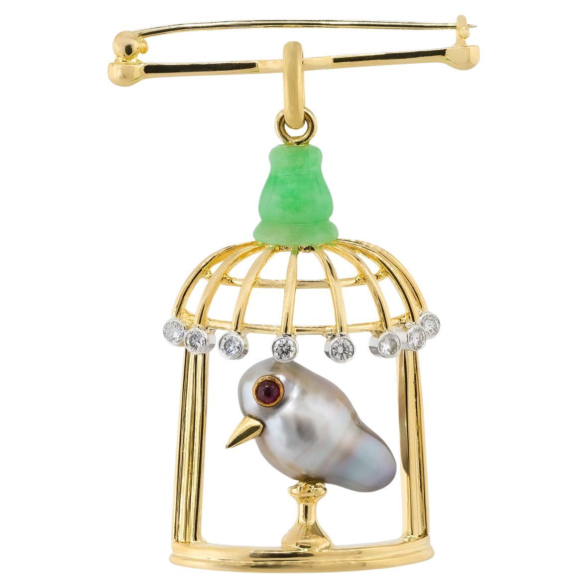 0.20 Carat Diamond Bird in Cage Brooch 18 Karat in Stock
