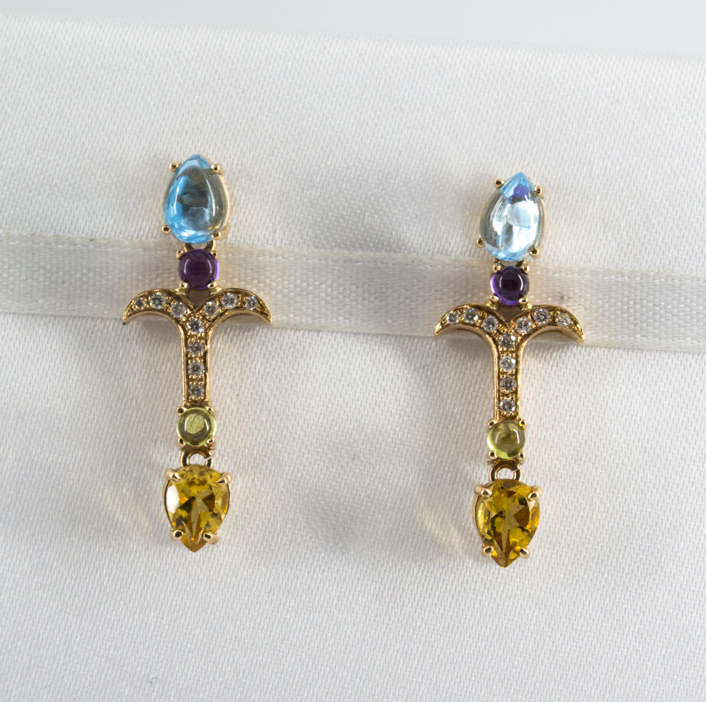 These Earrings are made of 9K Yellow Gold.
These Earrings have 0.20 Carats of White Diamonds.
These Earrings have also Blue Topaz, Peridot, Amethyst and Citrine.
All our Earrings have pins for pierced ears but we can change the closure and make any