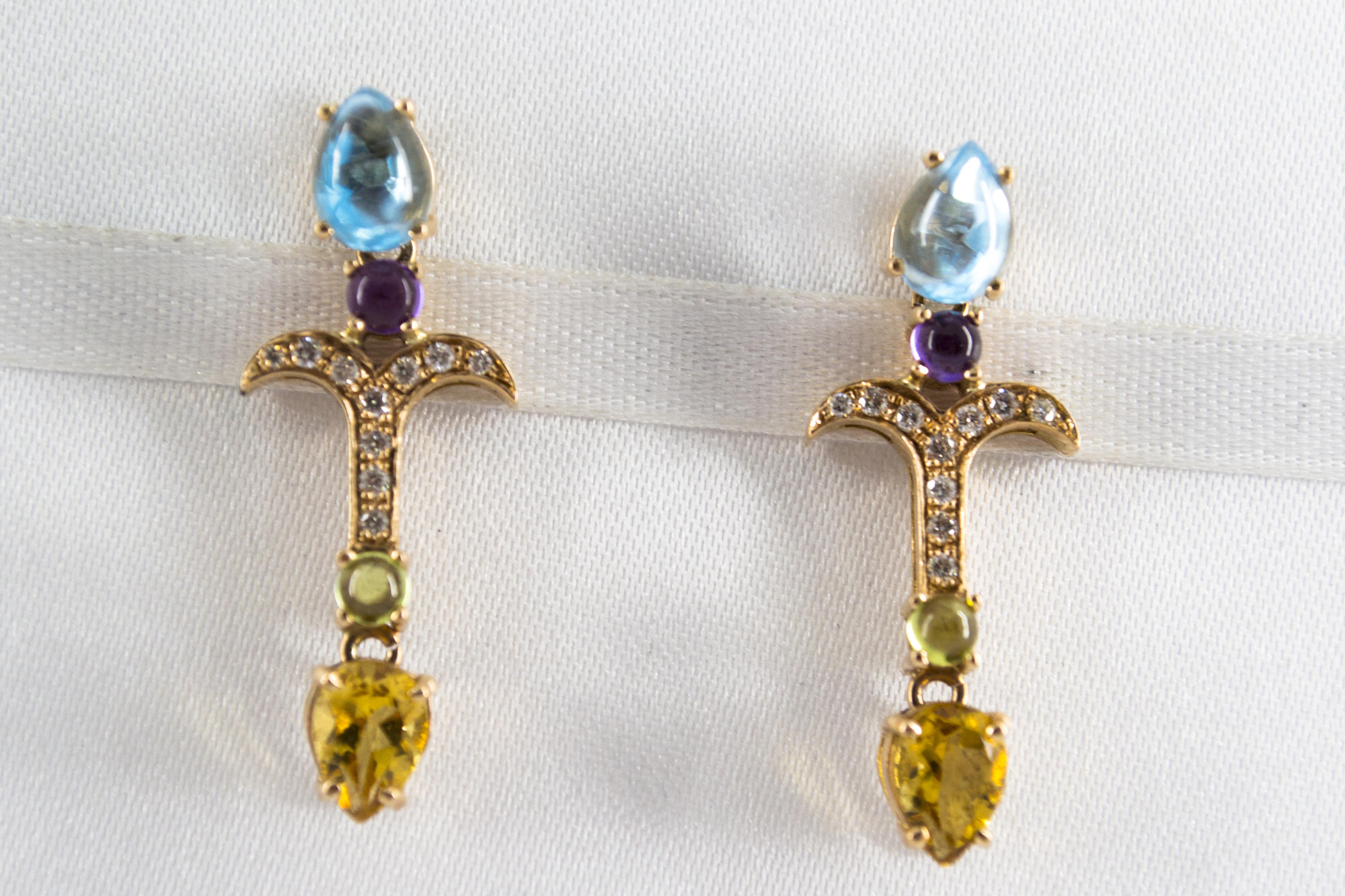 Modern 0.20 Carat Diamond Peridot Amethyst Citrine Blue Topaz Yellow Gold Stud Earrings For Sale