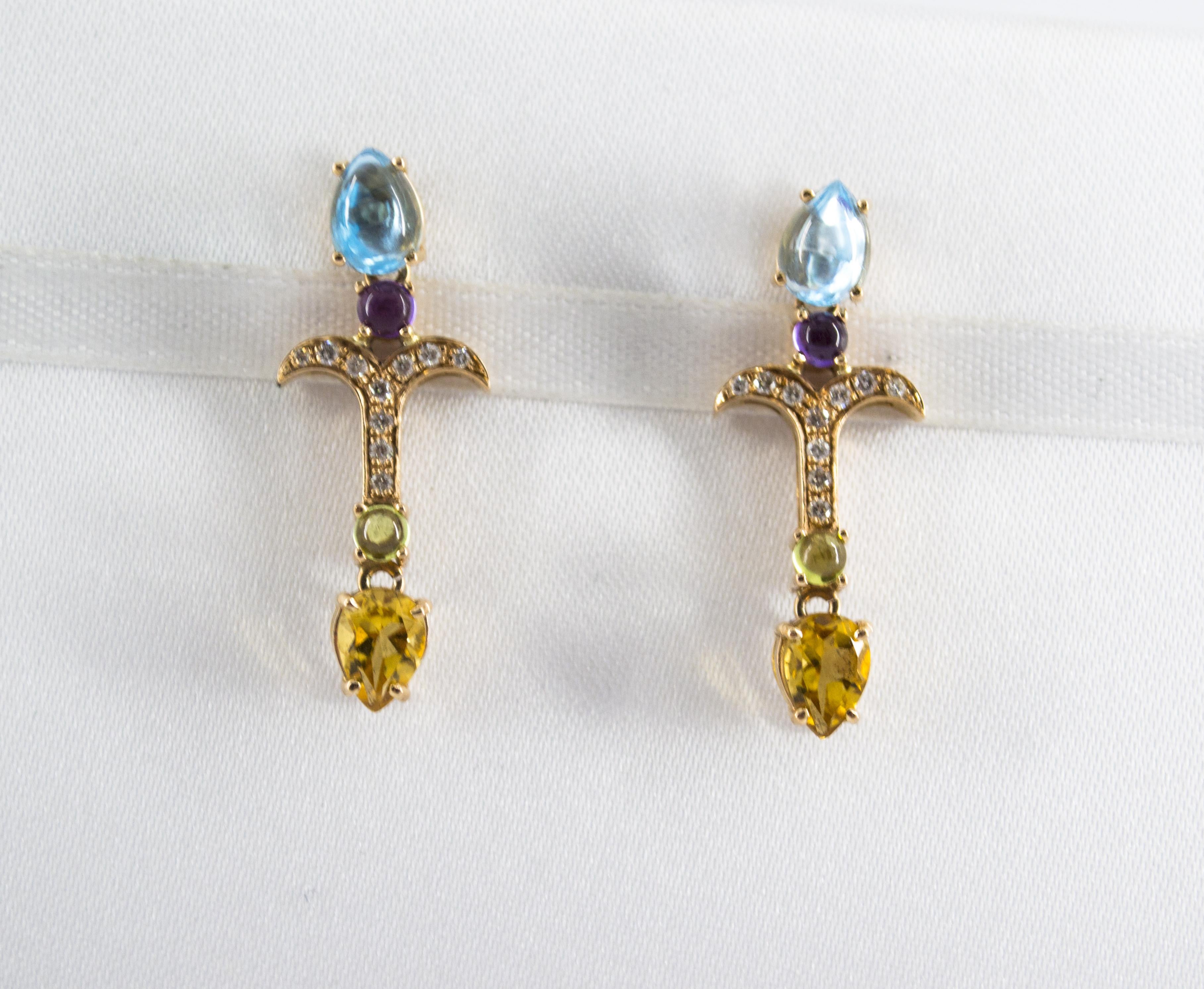 0.20 Carat Diamond Peridot Amethyst Citrine Blue Topaz Yellow Gold Stud Earrings In New Condition For Sale In Naples, IT