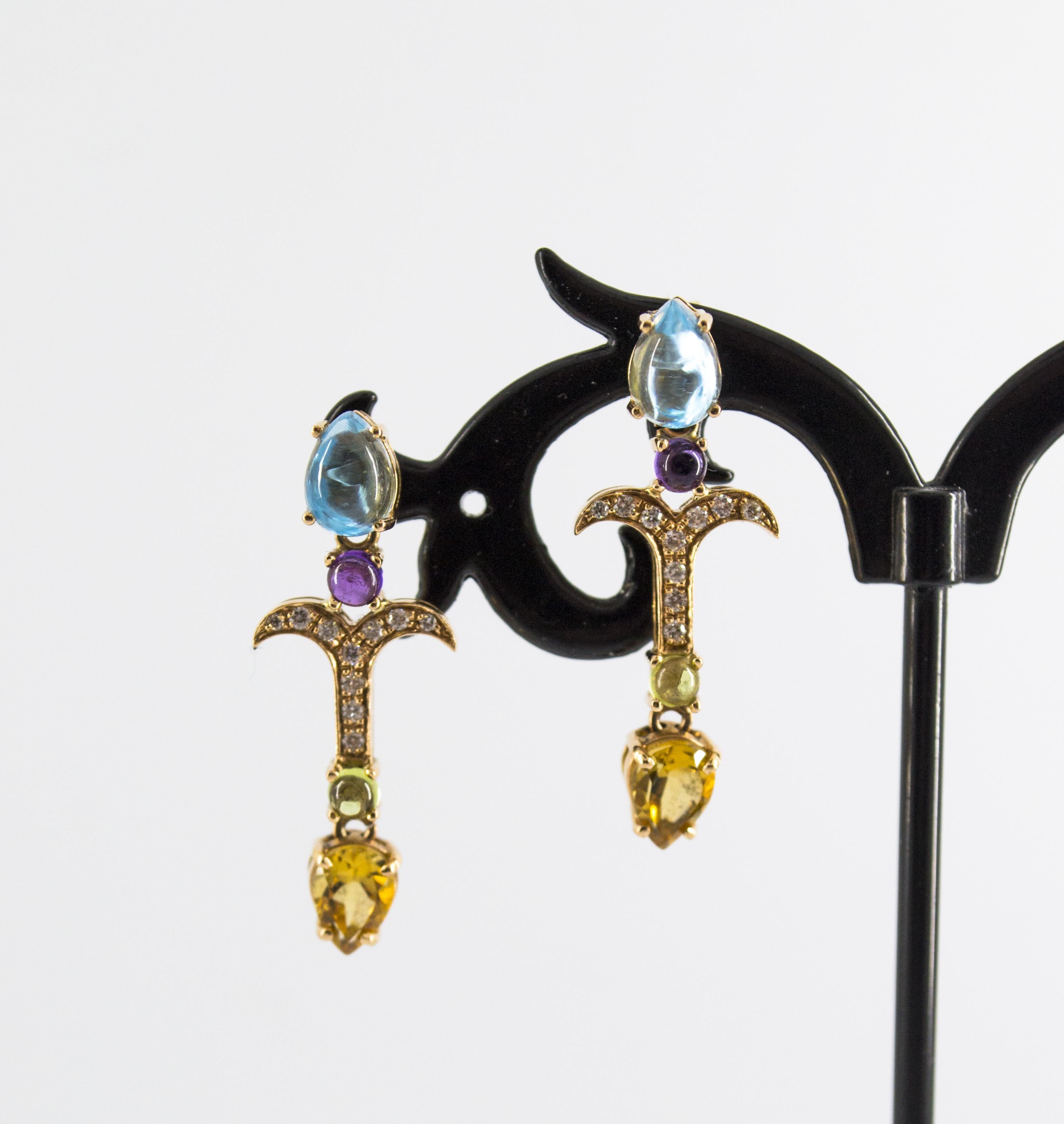 0.20 Carat Diamond Peridot Amethyst Citrine Blue Topaz Yellow Gold Stud Earrings For Sale 2