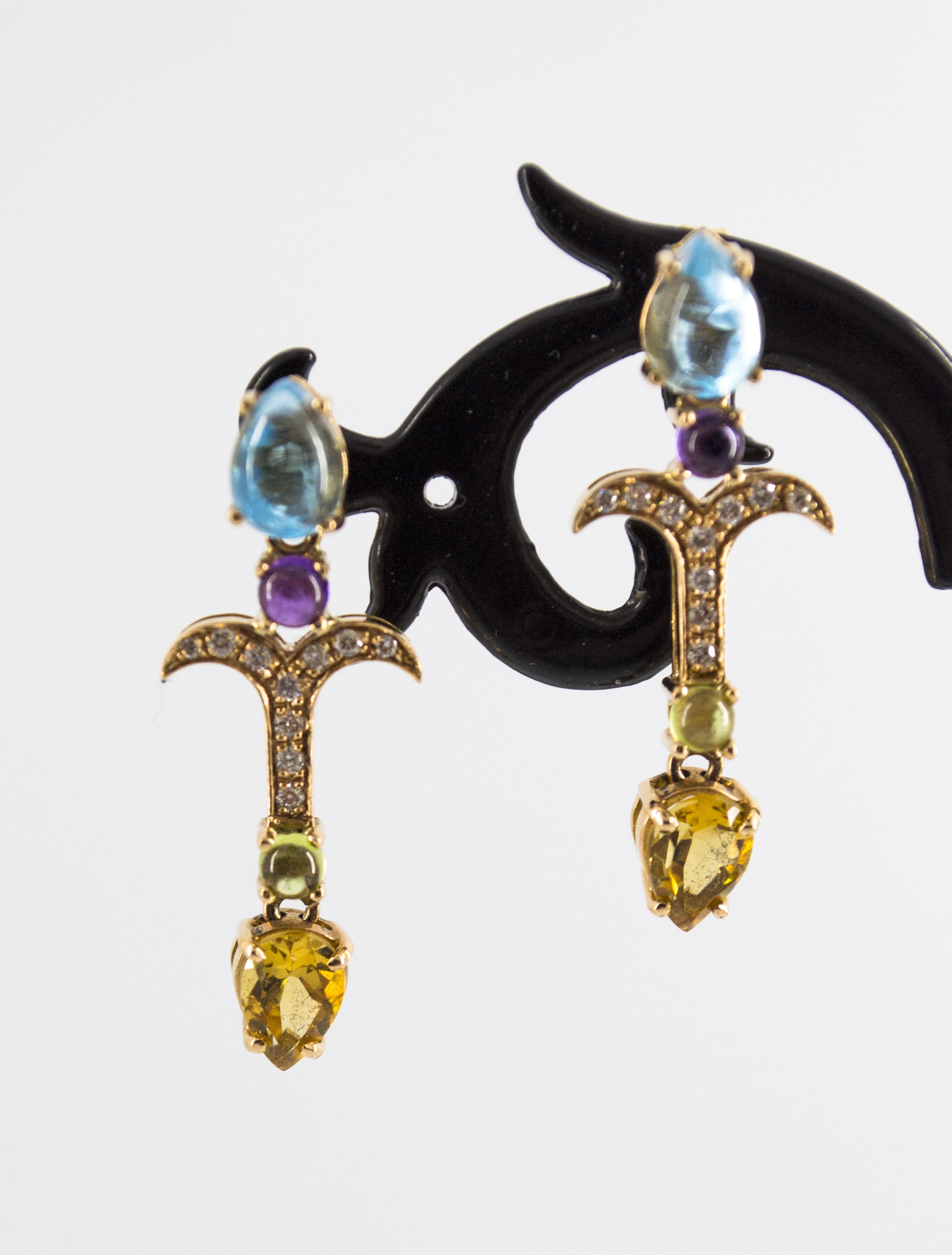 0.20 Carat Diamond Peridot Amethyst Citrine Blue Topaz Yellow Gold Stud Earrings For Sale 3
