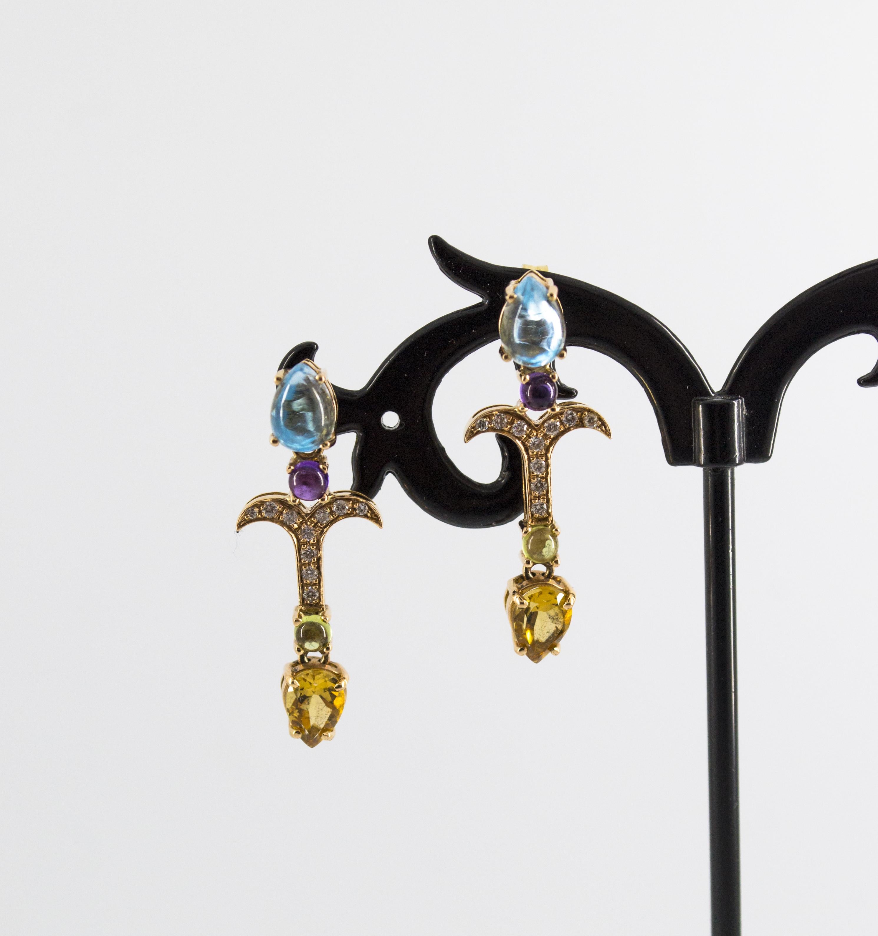 0.20 Carat Diamond Peridot Amethyst Citrine Blue Topaz Yellow Gold Stud Earrings For Sale 4