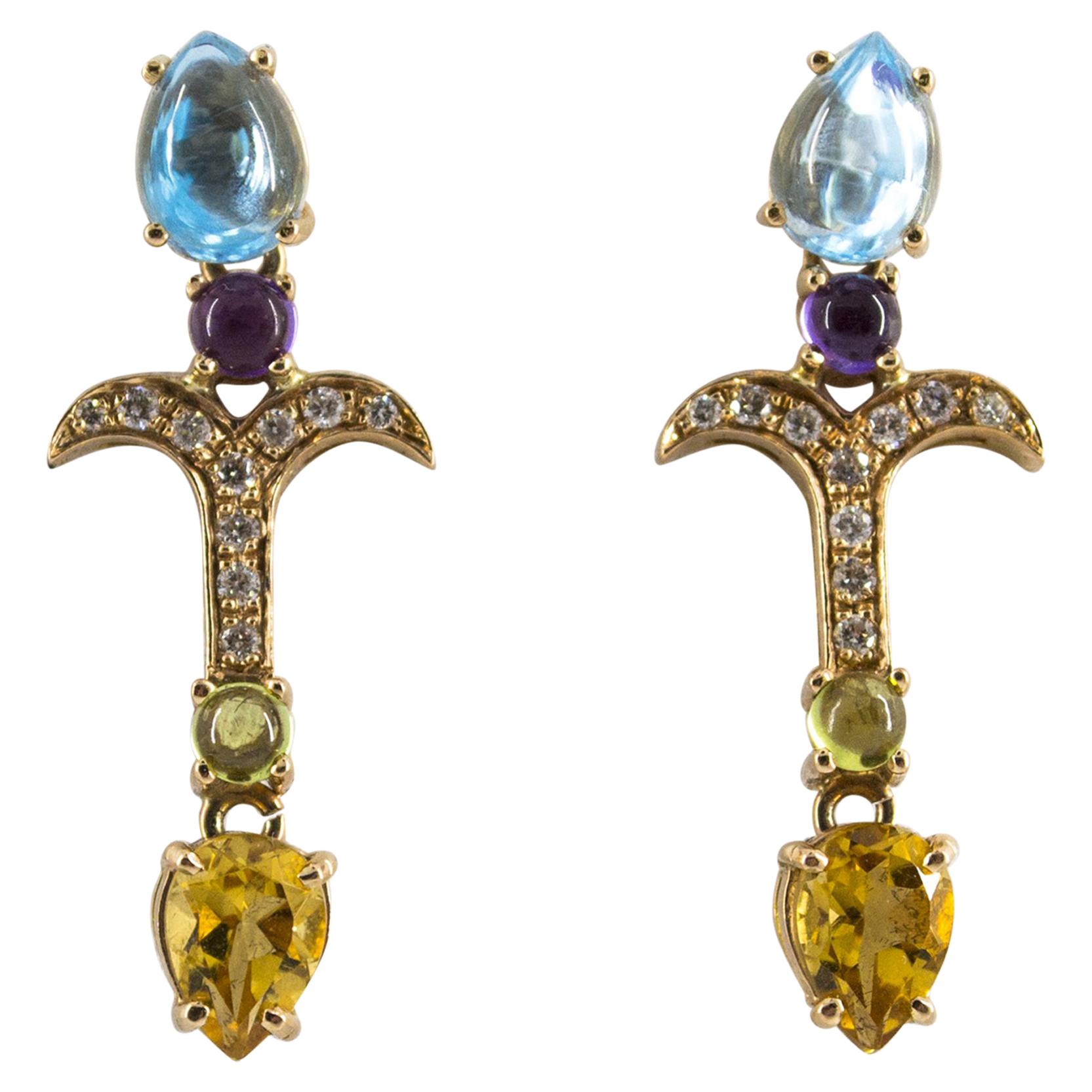 0.20 Carat Diamond Peridot Amethyst Citrine Blue Topaz Yellow Gold Stud Earrings