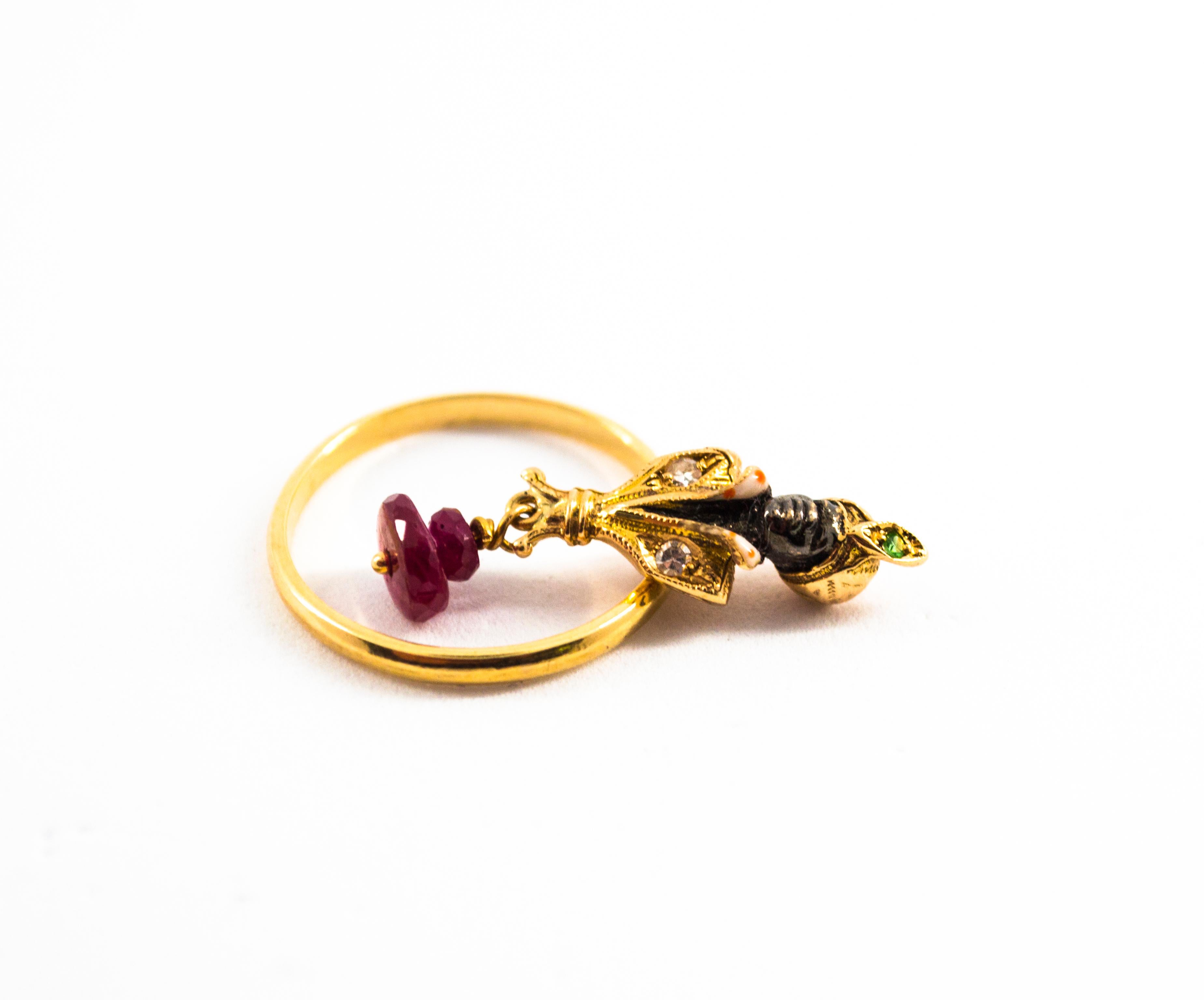 Renaissance 0.20 Carat Diamond Ruby Tsavorite Enamel Yellow Gold Elegant African Bust Ring