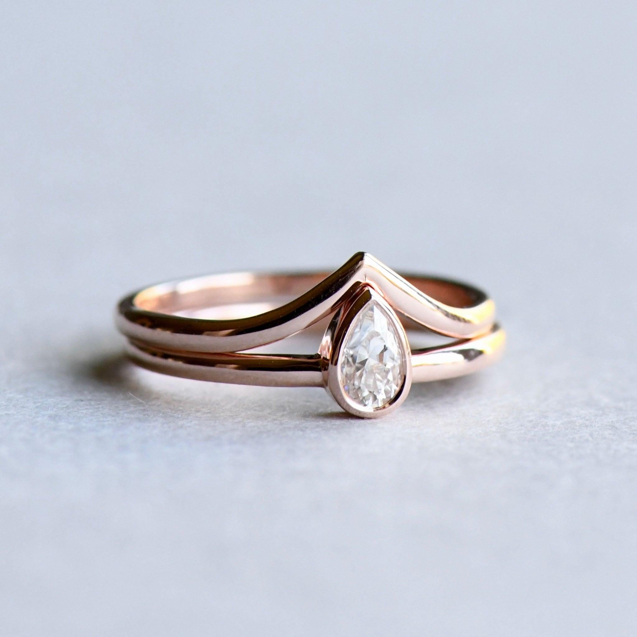 For Sale:  0.20 Carat Diamond Teardrop Ring Stacked with Chevron Rose Gold Ring 5