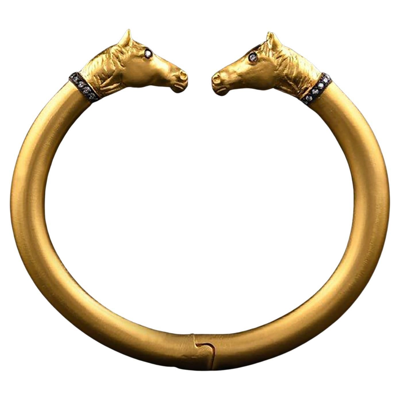 0.20 Carat Diamonds Horse Cuff Bangle Bracelet w/ Hinge by Kurtulan Jewellery
