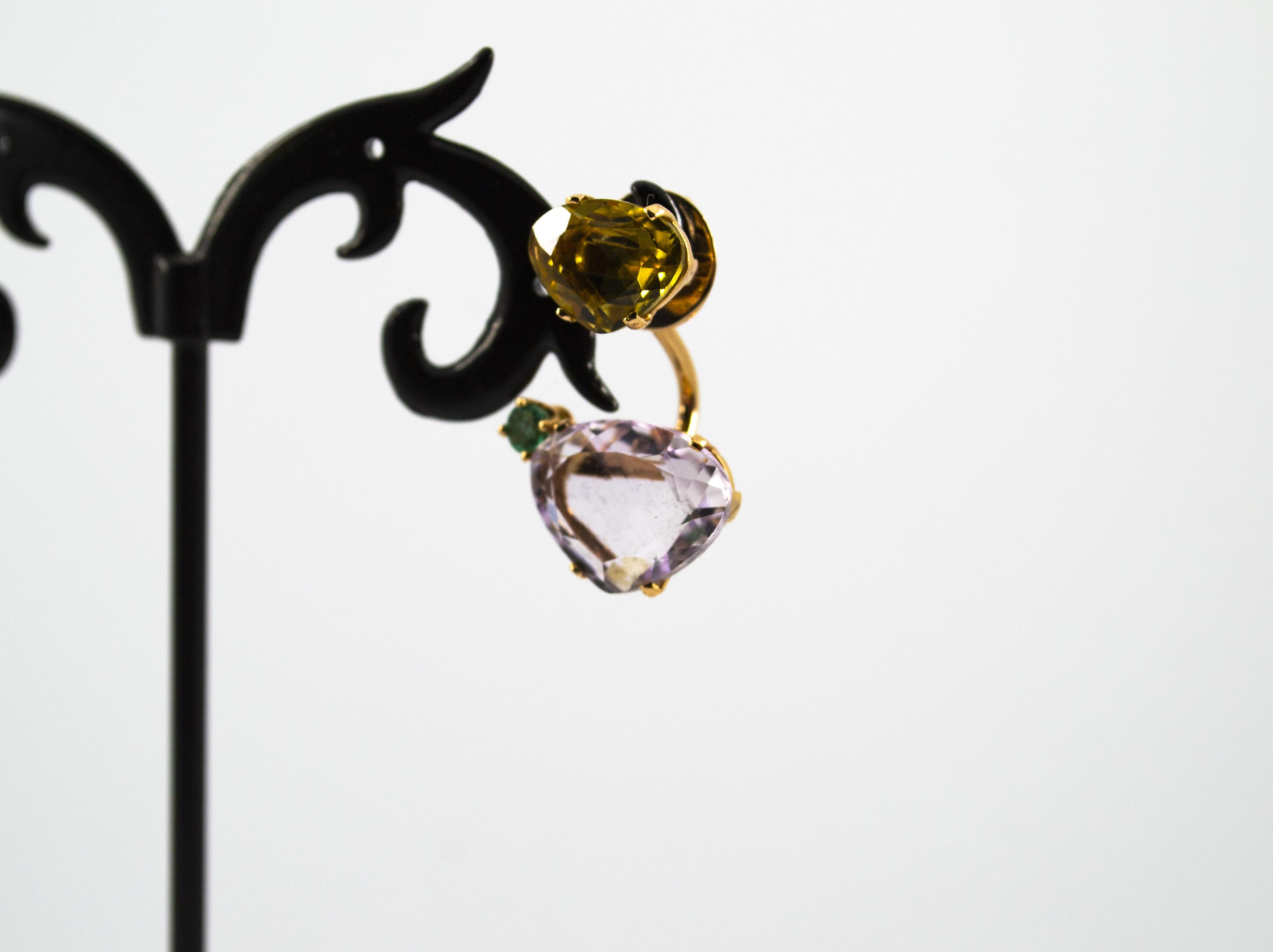 Modern 0.20 Carat Emerald Amethyst Citrine Yellow Gold Stud Dangle Earrings