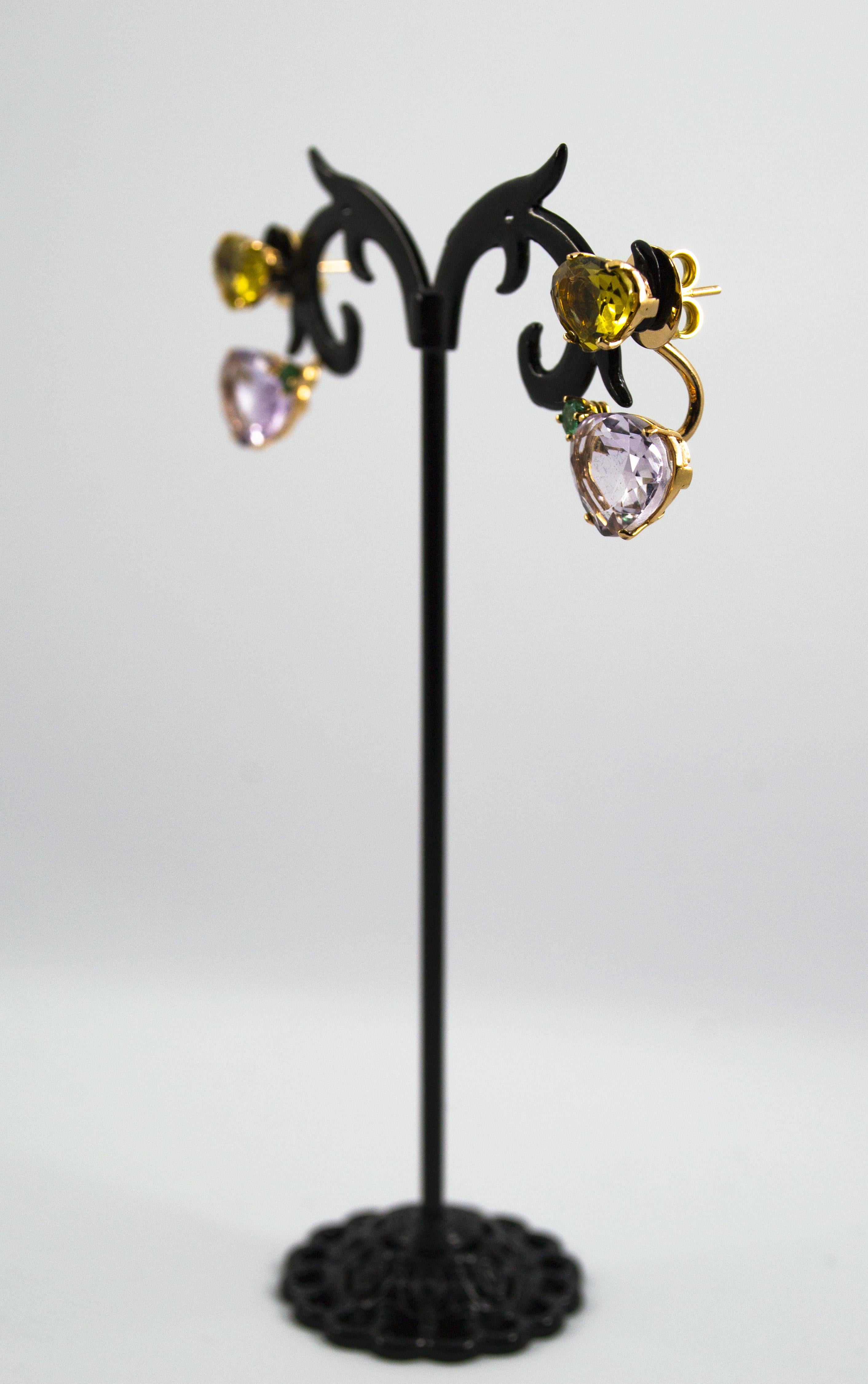 0.20 Carat Emerald Amethyst Citrine Yellow Gold Stud Dangle Earrings In New Condition In Naples, IT