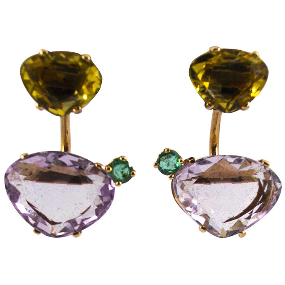 0.20 Carat Emerald Amethyst Citrine Yellow Gold Stud Dangle Earrings