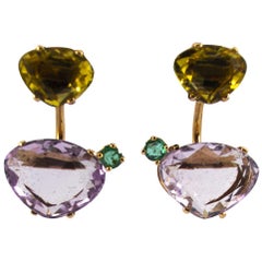 0.20 Carat Emerald Amethyst Citrine Yellow Gold Stud Dangle Earrings 0.20 Carat Emerald Amethyst Citrine Yellow Gold Stud Dangle Earrings
