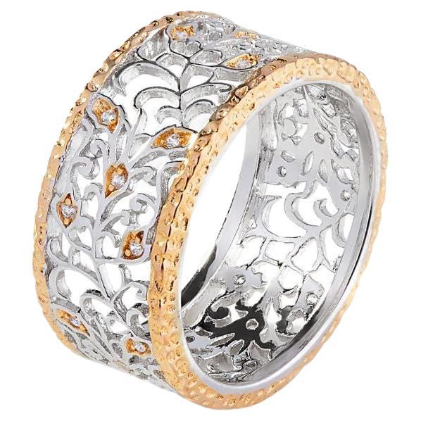 0.20 Carat Cubic Zirconia Filigree Sterling Silver Two-Tone Wedding Band Ring For Sale