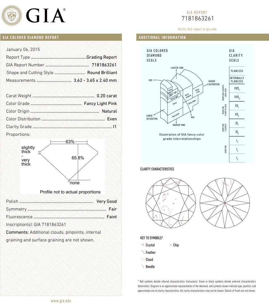 0.20 Carat Fancy Light Pink Round Cut Diamond I1 Clarity GIA Certified For Sale 7
