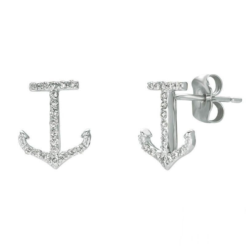 0.20 Carat Natural Diamond Anchor Earrings G SI 14K White Gold For Sale