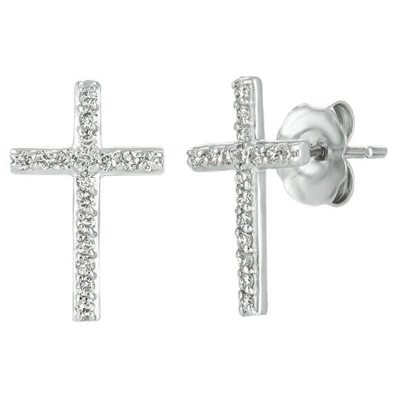 0.20 Carat Natural Diamond Cross Earrings G SI 14K White Gold For Sale