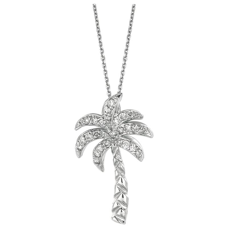 Chaîne collier pendentif palmier en or blanc 14 carats avec diamants naturels de 0,20 carat